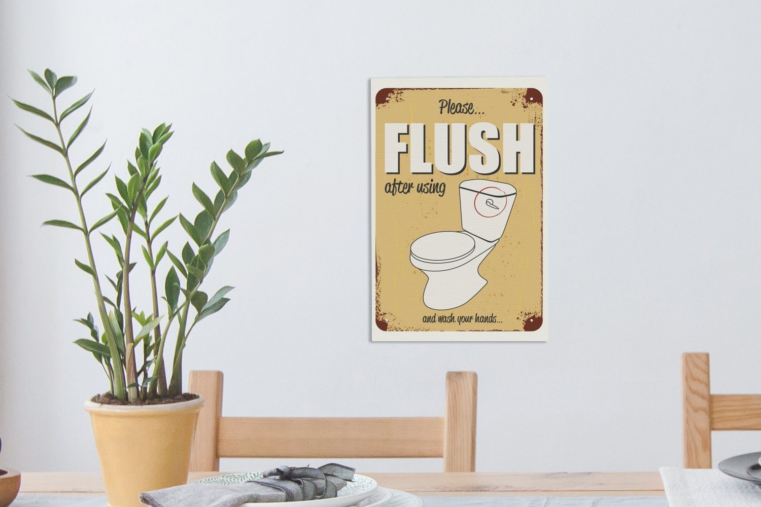 OneMillionCanvasses® Leinwandbild Ein Poster mit Flush, und cm (1 St), bespannt Gemälde, Toilette inkl. fertig 20x30 dem einer Zackenaufhänger, Text Leinwandbild