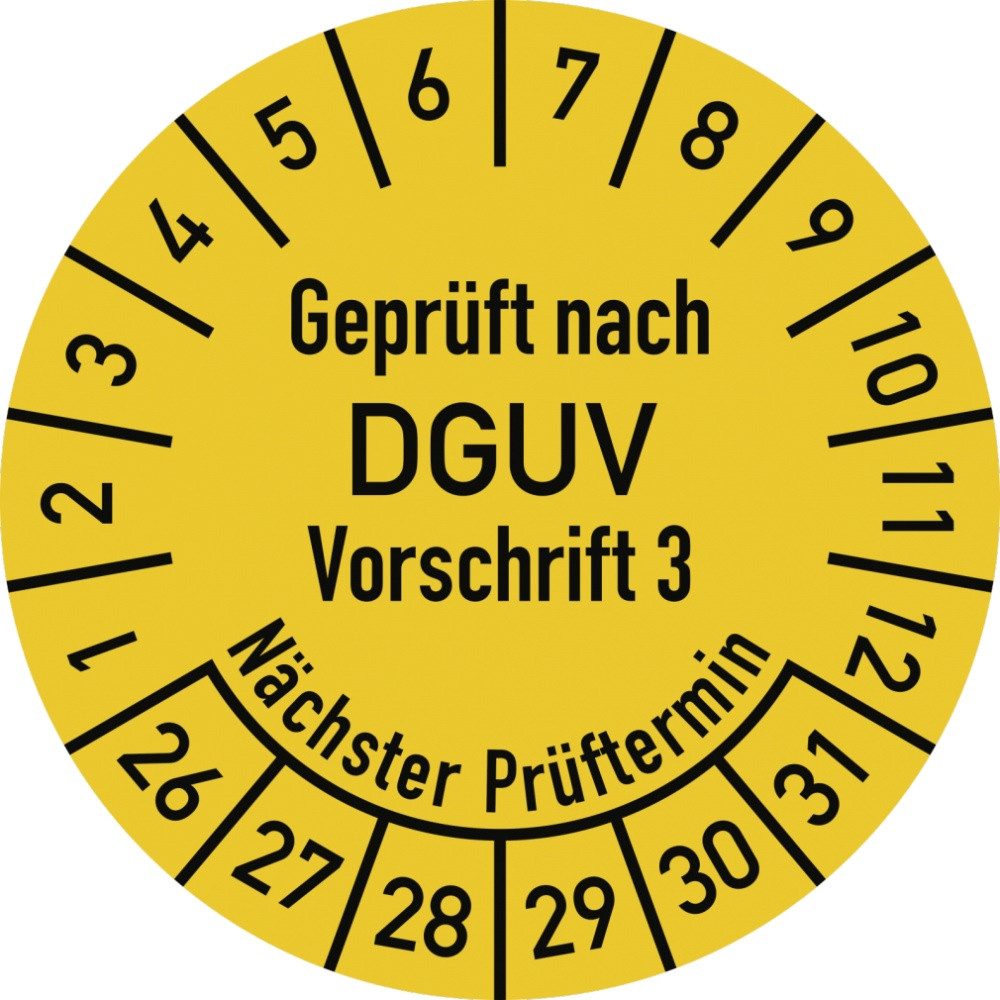 Hinweisschild Prüfplakette Geprüft nach DGUV Vorsch. 3, 2026-2035, Folie, Ø 25 mm, 1