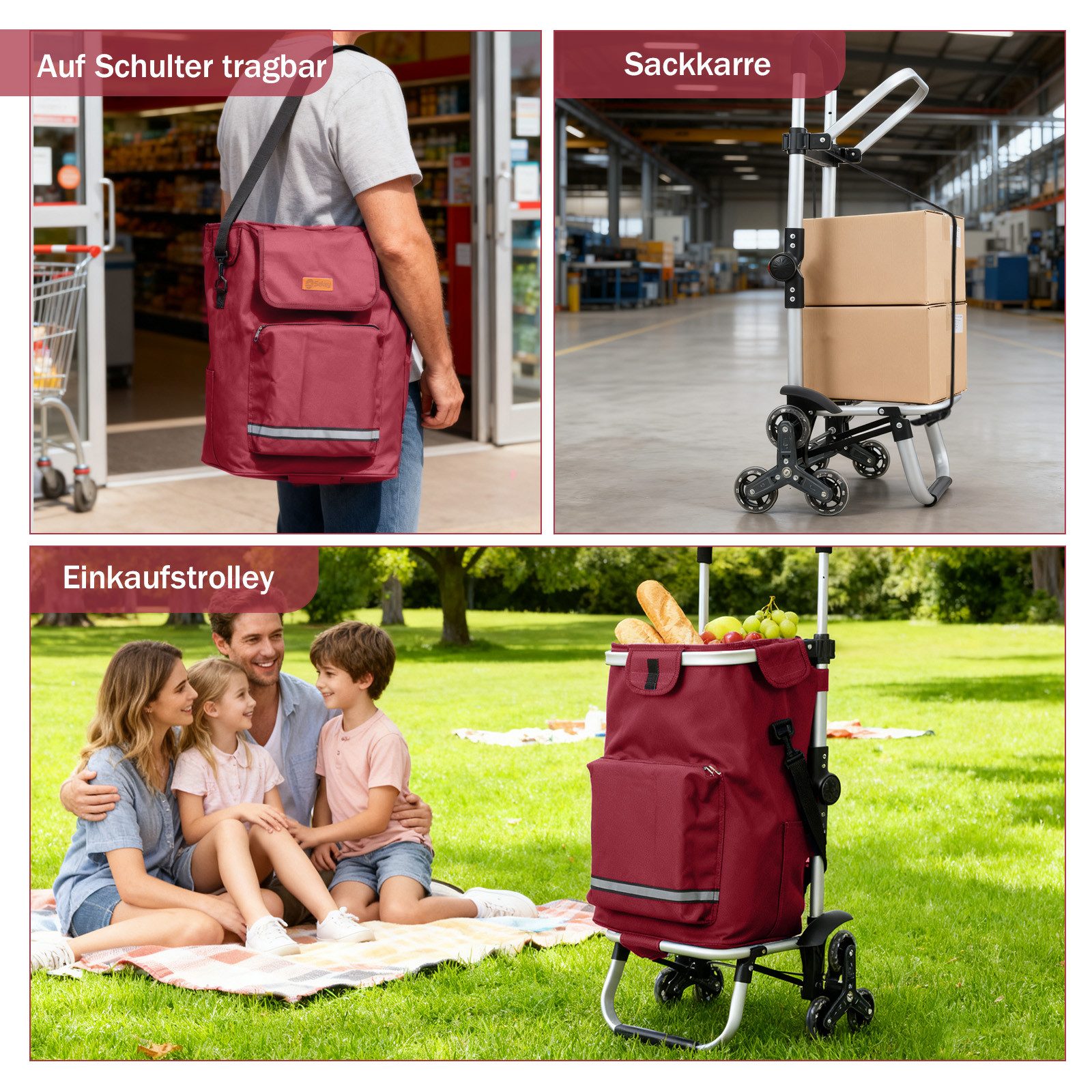 Sekey Einkaufstrolley Klappbarer Einkaufswagen mit Kühlfach, Treppensteiger Trolley 3 in 1, 42 l, Faltbarer Einkaufswagen inkl. Einkaufschip und Spanngurt – Bild 5 von 5