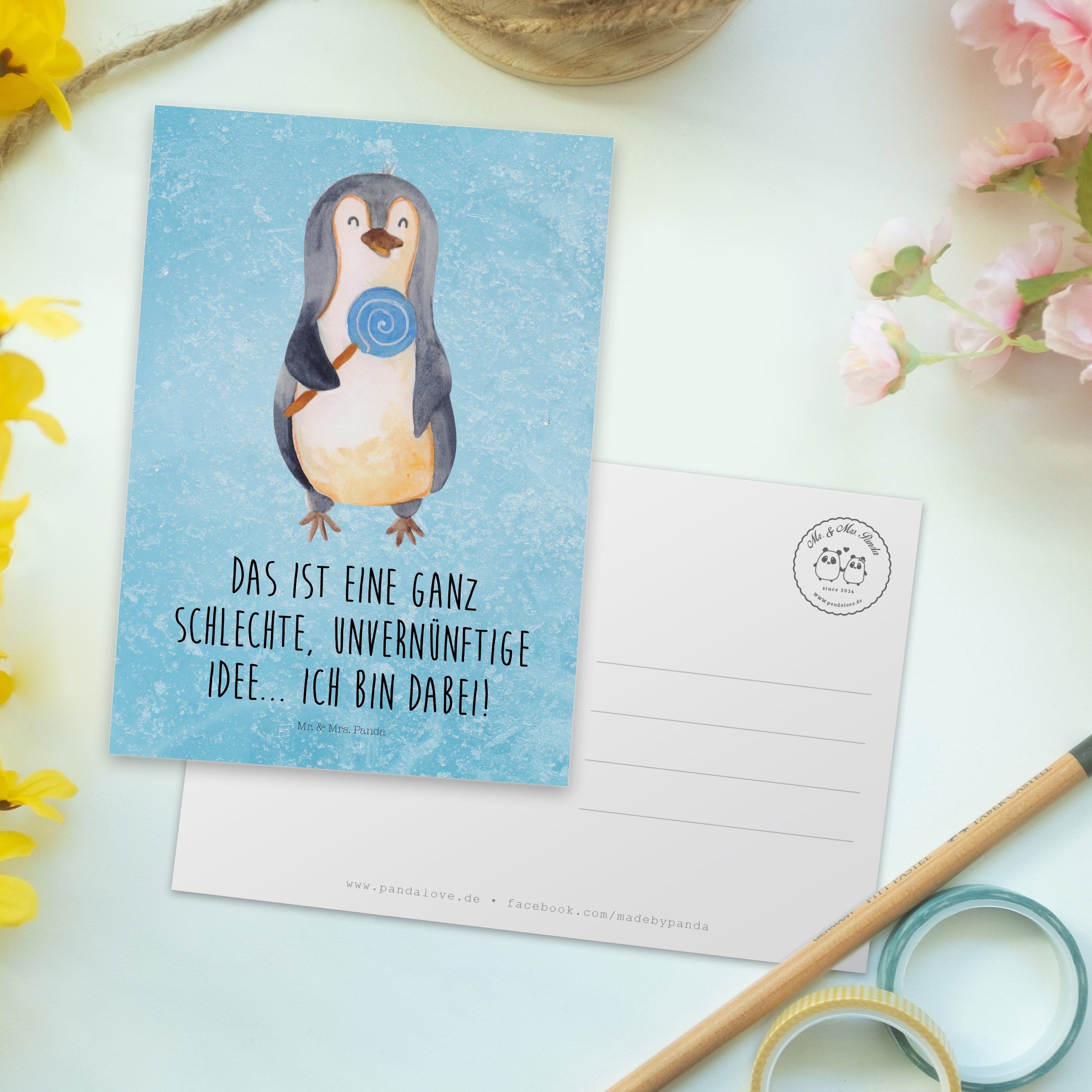 & Mrs. - Geschenk, - Panda Süßigkeiten, Postkarte Eisblau Lolli Grußkarte, Rabauke Pinguin Mr.