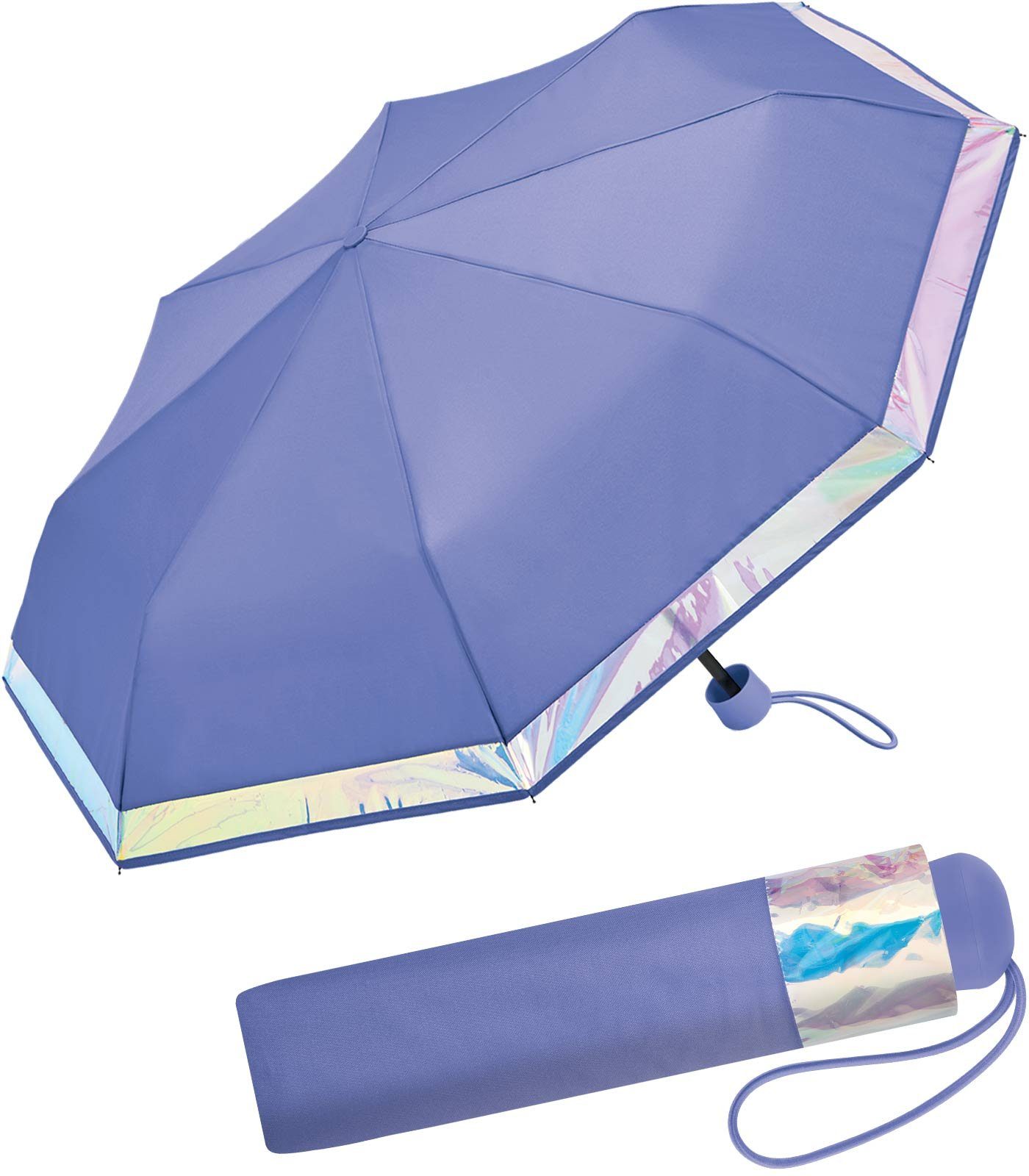 Esprit Taschenregenschirm Mini Damen-Schirm Handöffner Shiny violett leicht und Borte schimmernder mit klein, Border, sehr
