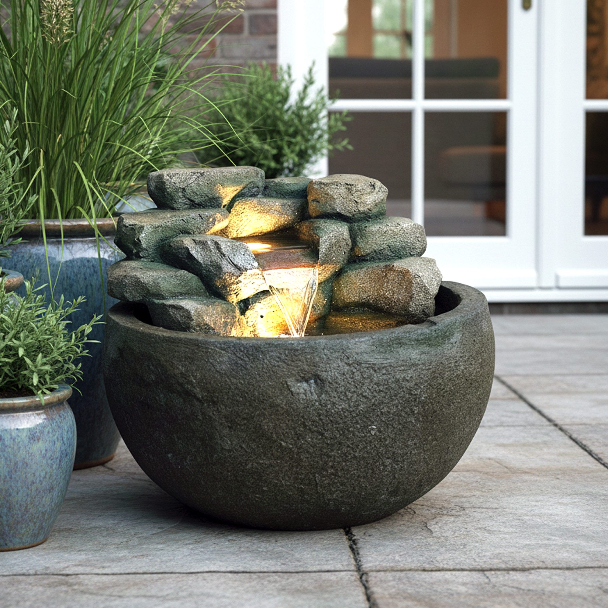 Arnusa Gartenbrunnen Springbrunnen BK911 runder Wasserfall Brunnen mit LED Beleuchtung, Steinoptik Gartenteich Dekoteich