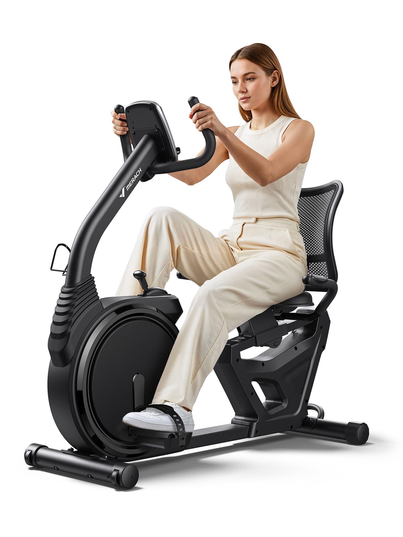 MERACH Liege-Heimtrainer Liege-Heimtrainer für Zuhause, gelenkschonendes Fitnessbike bis 135 kg (mit LCD-Display, mit Bluetooth & exklusiver MERACH App, Pulssensoren, Tablet-Halter, 8-Stufen-Magnetwiderstand, flüsterleise), Dual-Belt-Antrieb, ergonomischer Sitz mit Rückenlehne