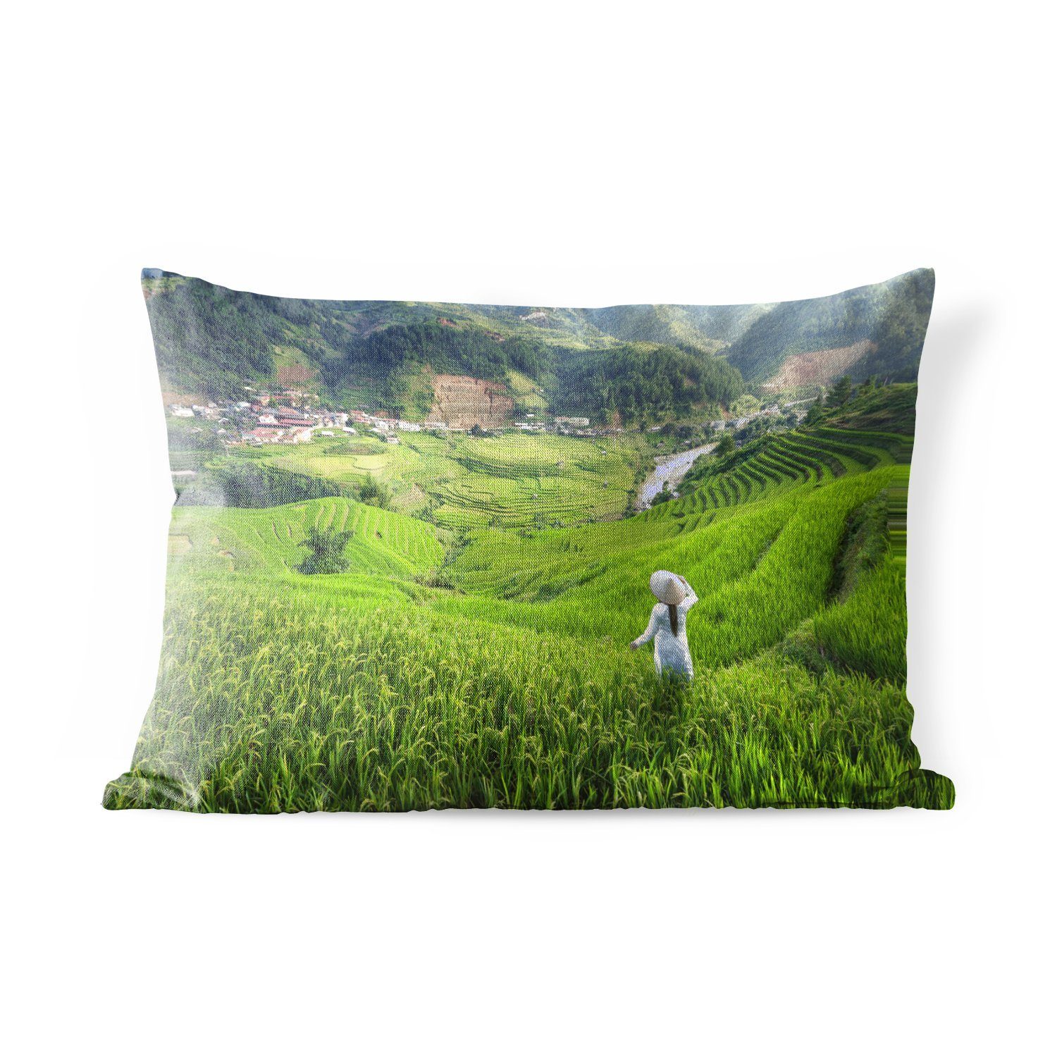MuchoWow Dekokissen Frau in einem Reisfeld in Indonesien, Outdoor-Dekorationskissen, Polyester, Dekokissenbezug, Kissenhülle