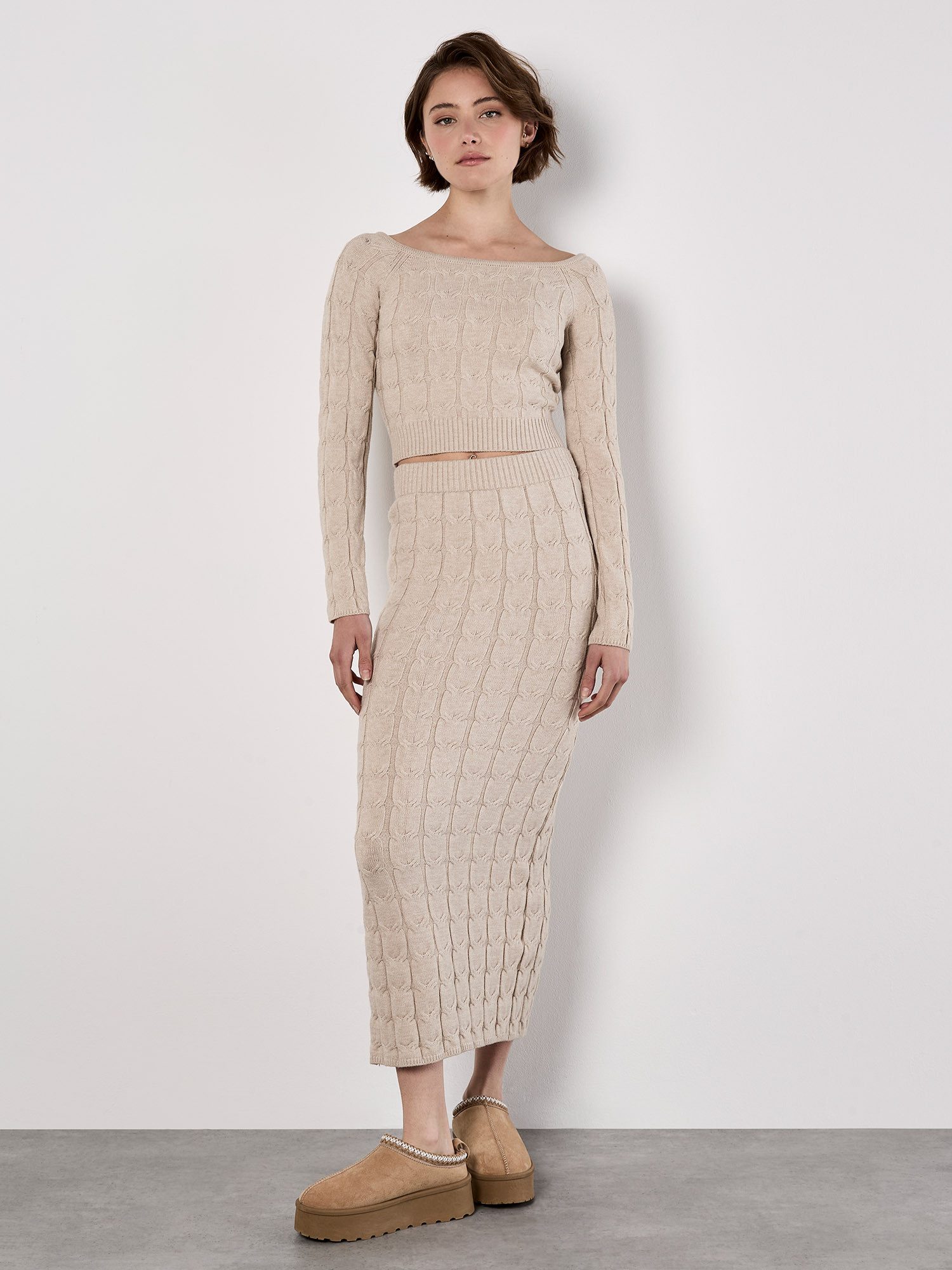 Apricot Maxirock Strickrock mit Zopfmuster