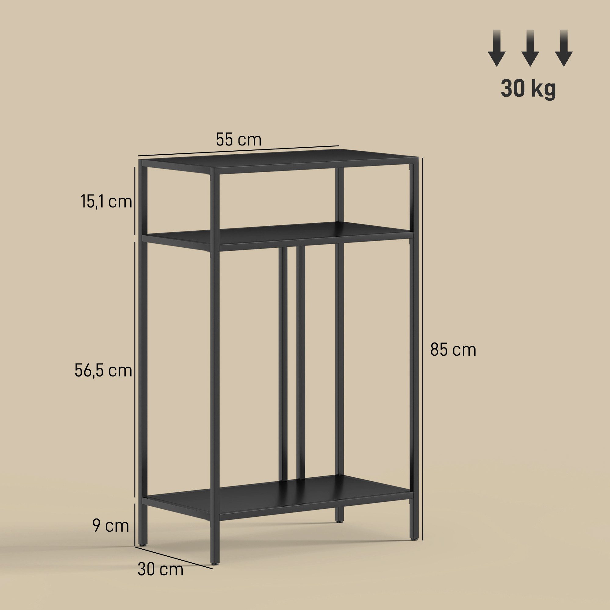 HOMCOM Konsolentisch mit 3 Ebenen, Industrie-Design (Schmaler Flurtisch, 1-St., Beistelltisch), schmaler Konsolentisch, reine Metallkonstruktion