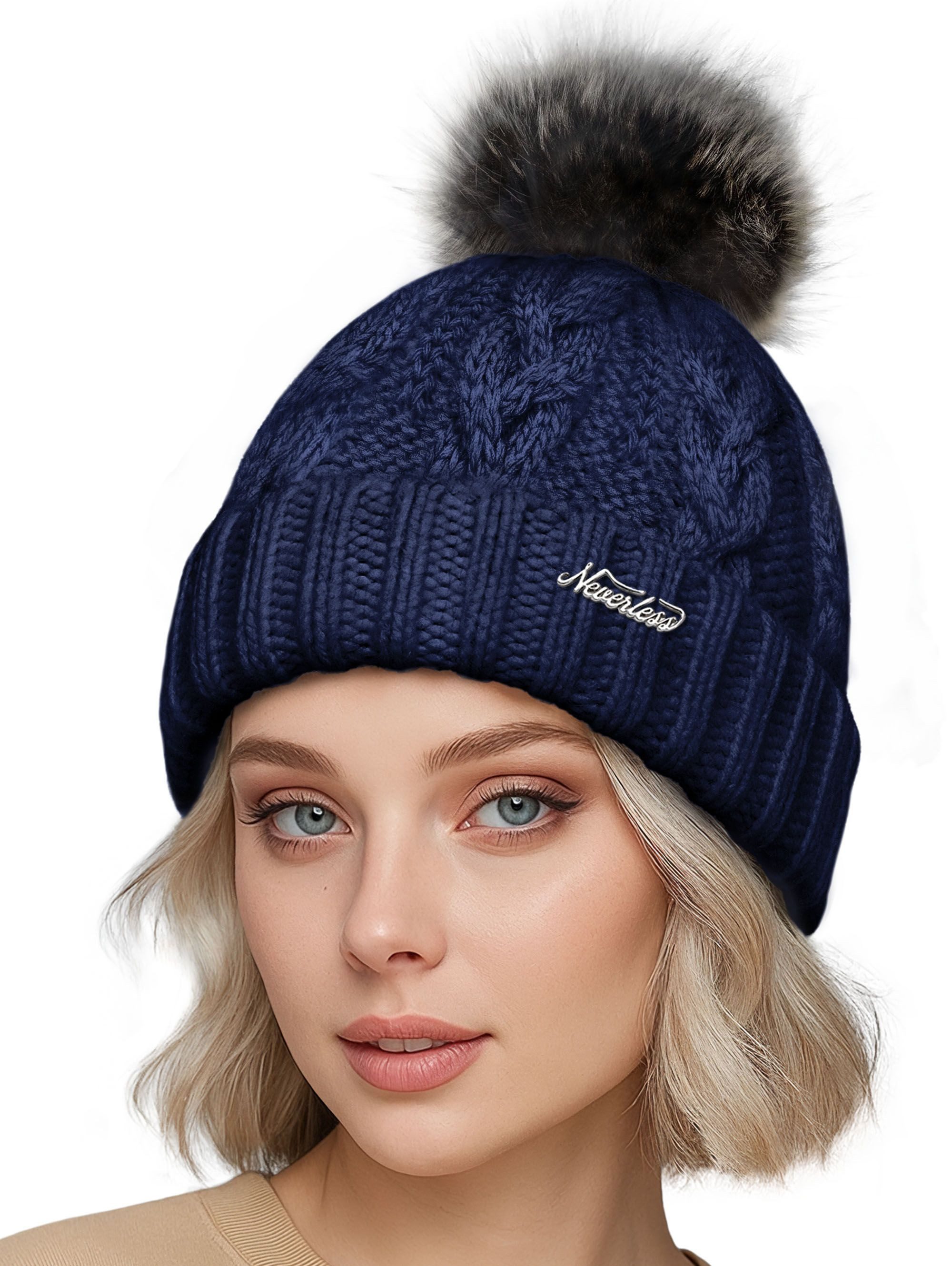 Neverless Strickmütze Damen Strickmütze Zopfstrickmuster Bommelmütze gefüttert mit Fleece