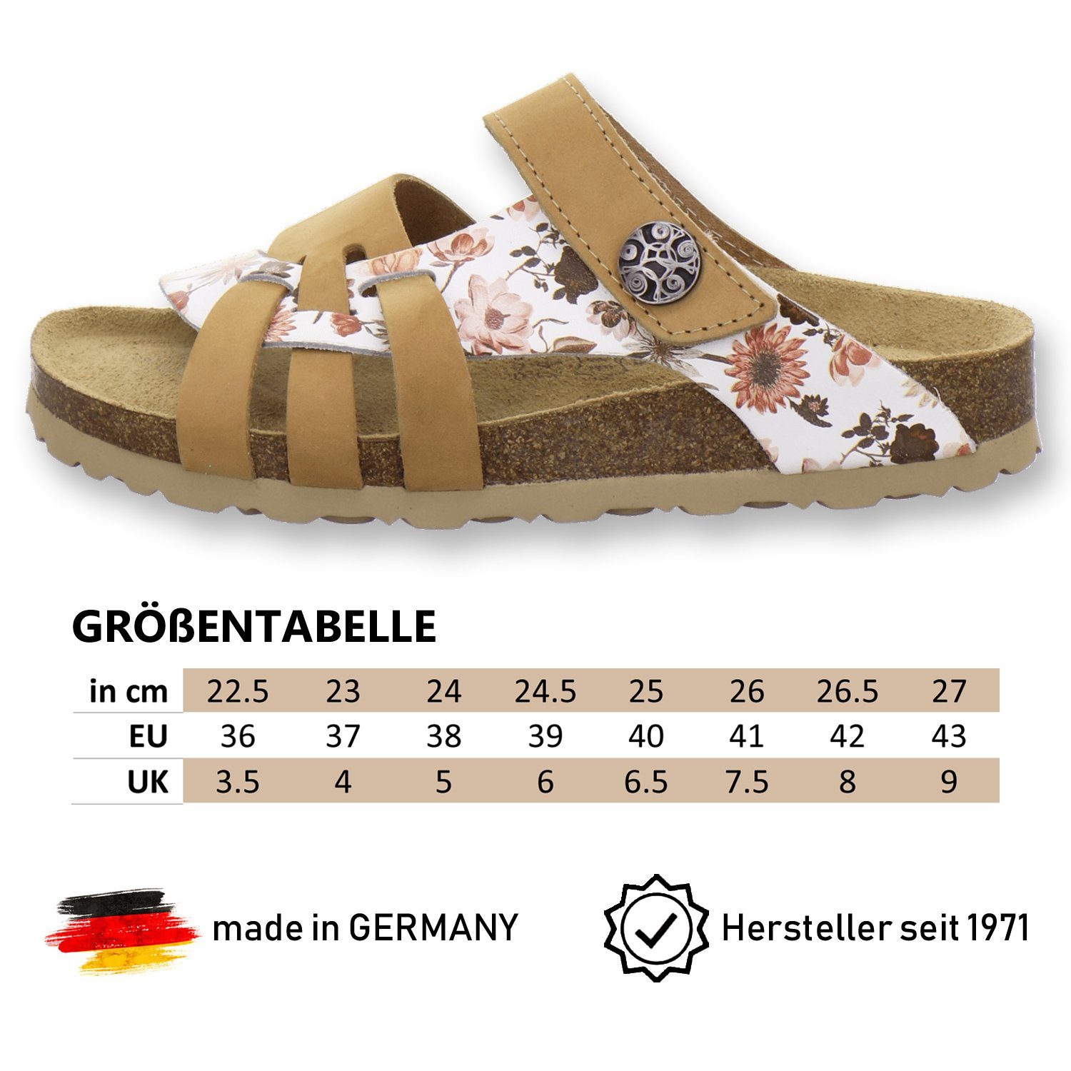 Damen aus in Pantolette mit Made Klettverschluss; natur/flower AFS-Schuhe Germany 2120 Leder für