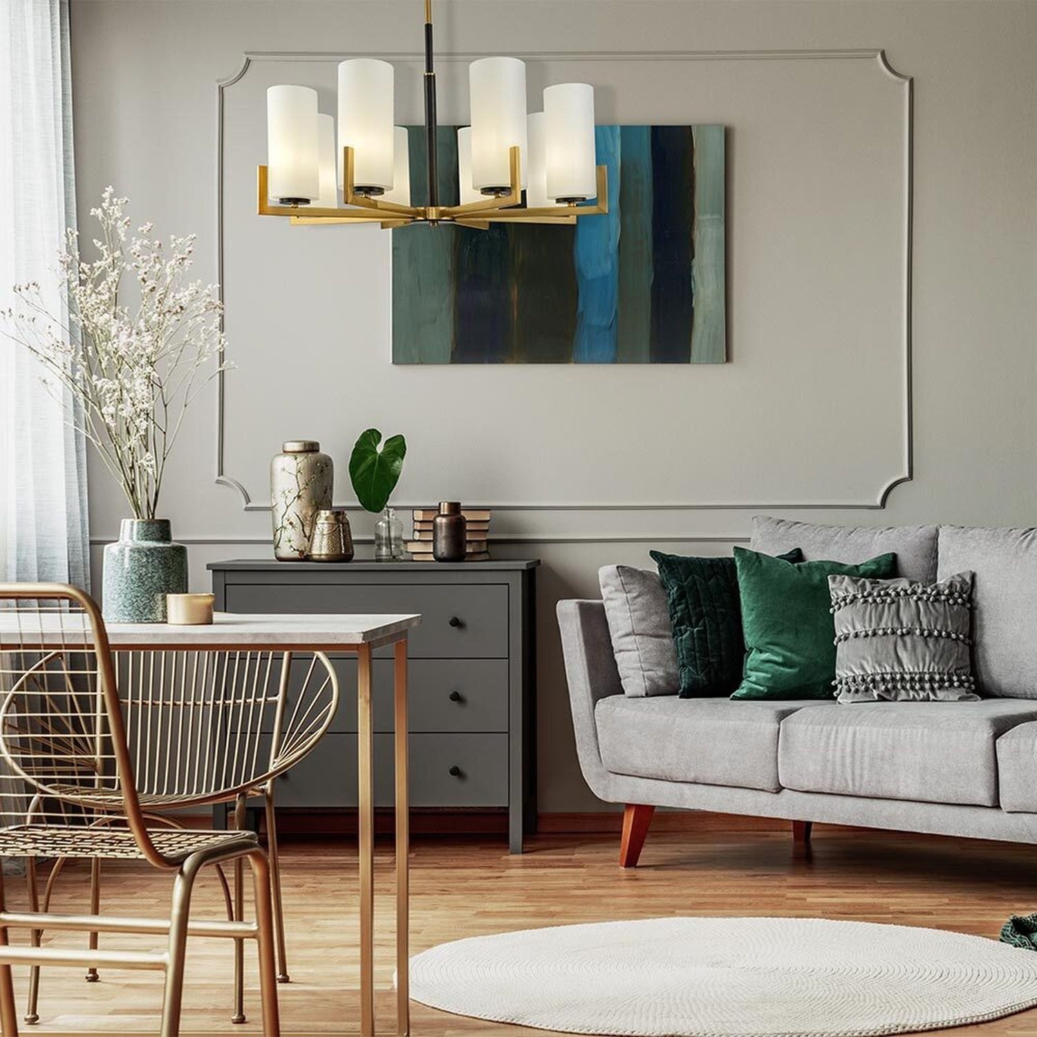 Licht-Erlebnisse Kronleuchter KAYA, ohne Leuchtmittel, Metall Glas E27 76 cm breit in Messing Weiß Schwarz 8-flammig Modern