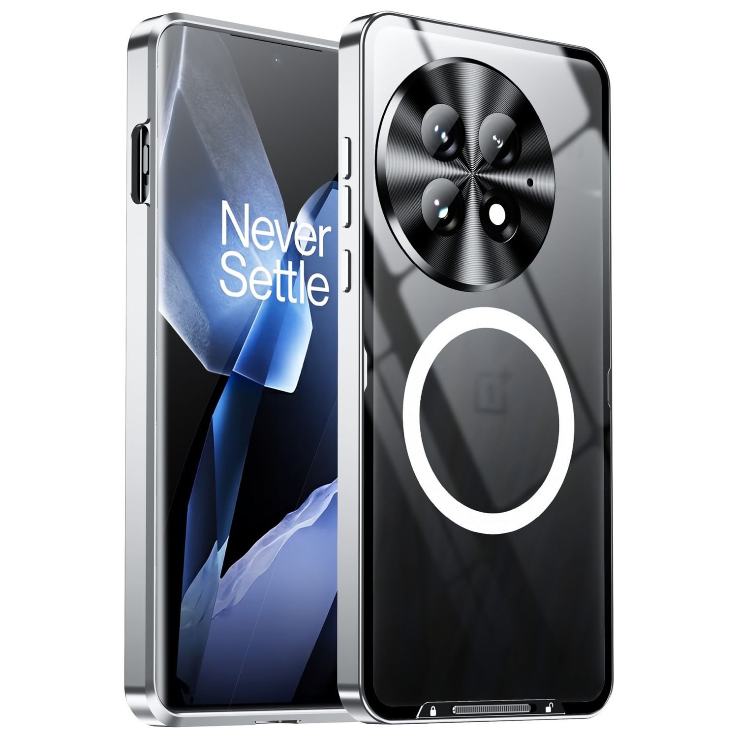 Wigento Handyhülle Für OnePlus 13 Magnetische Magsafe Metall Design Schutz Hülle Silber, MagSafe Metall Handyhülle mit erhöhter Schutzkante