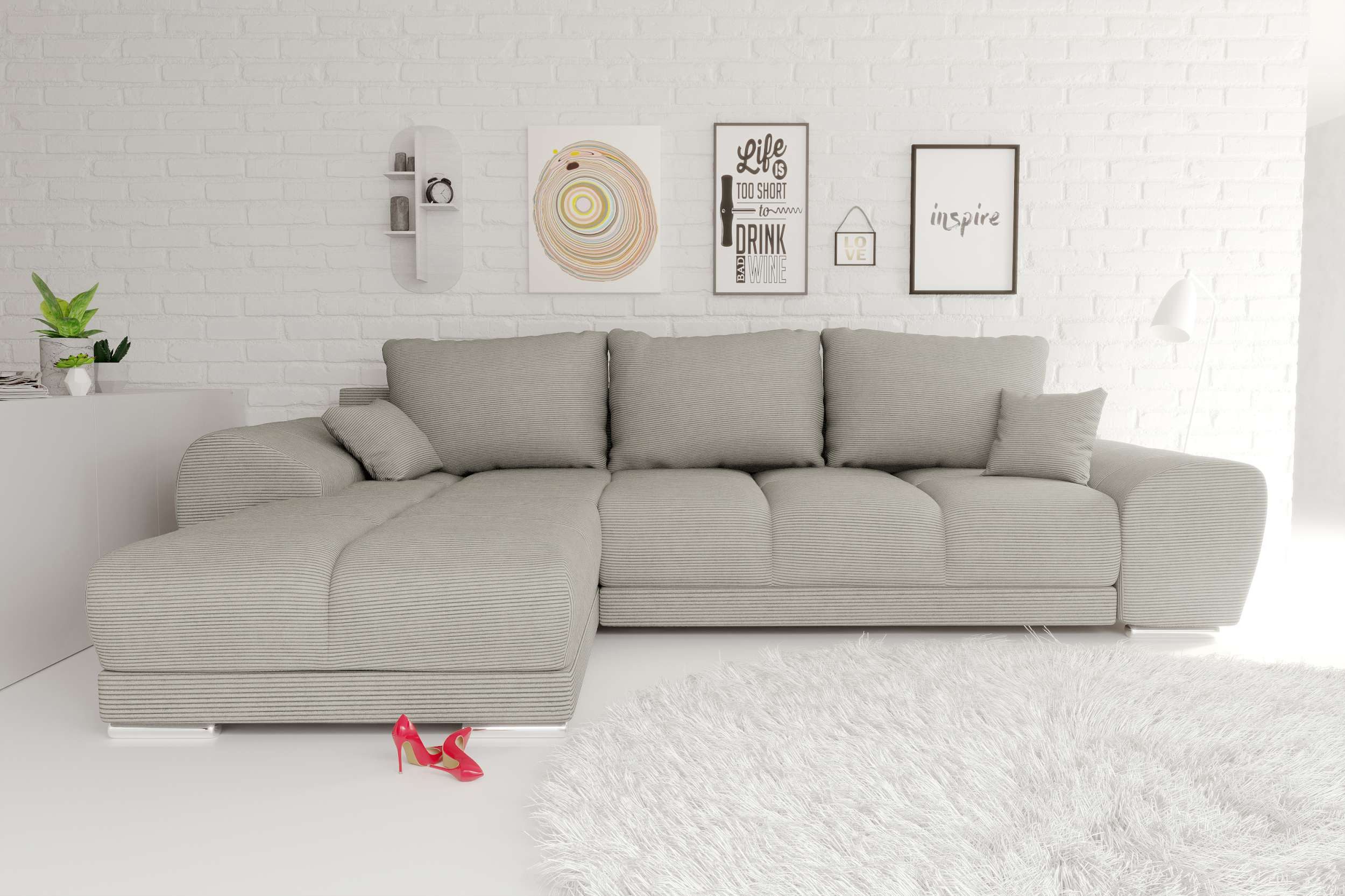 99rooms Ecksofa Antalya, Sofa L-Form, Eckcouch, mit Rückenkissen, Schlaffunktion, Cordstoff POSO
