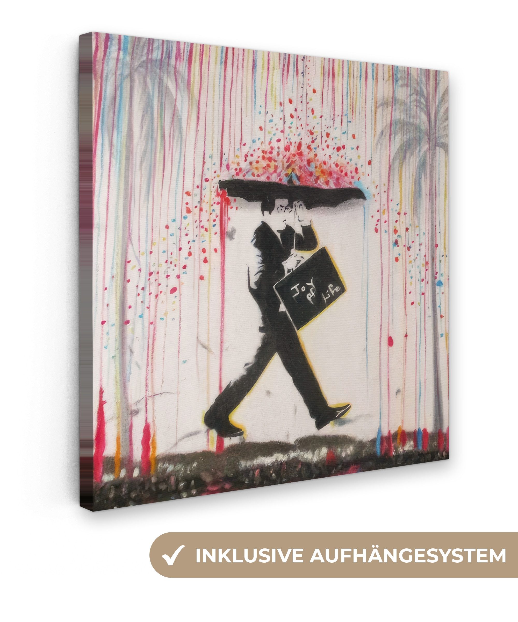 OneMillionCanvasses® Leinwandbild Regen - Graffiti - Mann - Banksy-Stil, Fotodruck (1 St), Wandbild, Deko Schlafzimmer Wohnzimmer Flur 20x20 cm