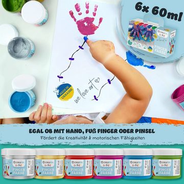 CreaTek Fingerfarbe Kinder Set mit Gold & Silber - 100% sicher ungiftig, 100% sicher, vegan, geruchlos & auswaschbar 6x leuchtende Grundfarben