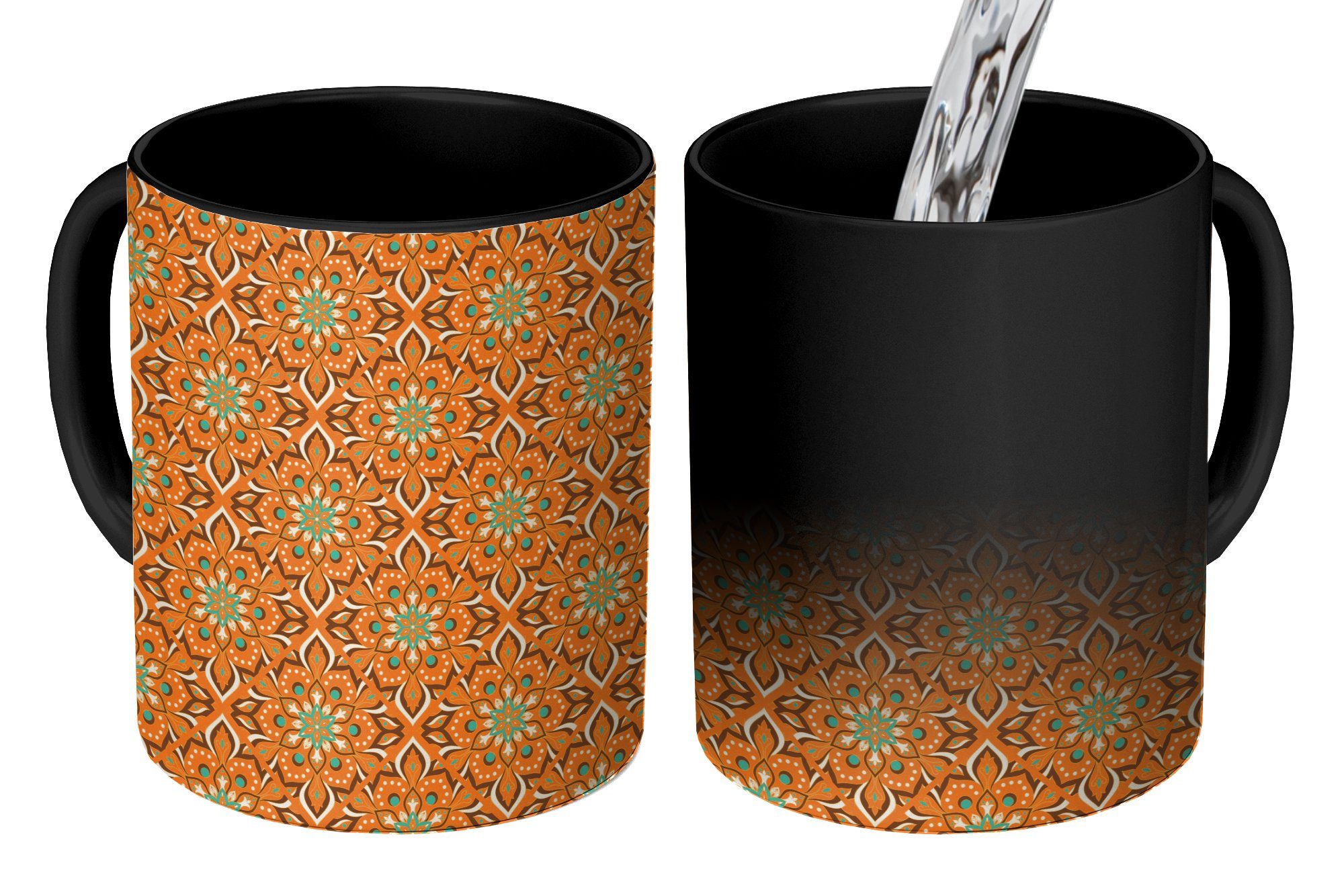 Kaffeetassen, Farbwechsel, Teetasse, - - Tasse - Mandala Orange Bohème Geschenk - Zaubertasse, Vintage, Design MuchoWow Keramik,