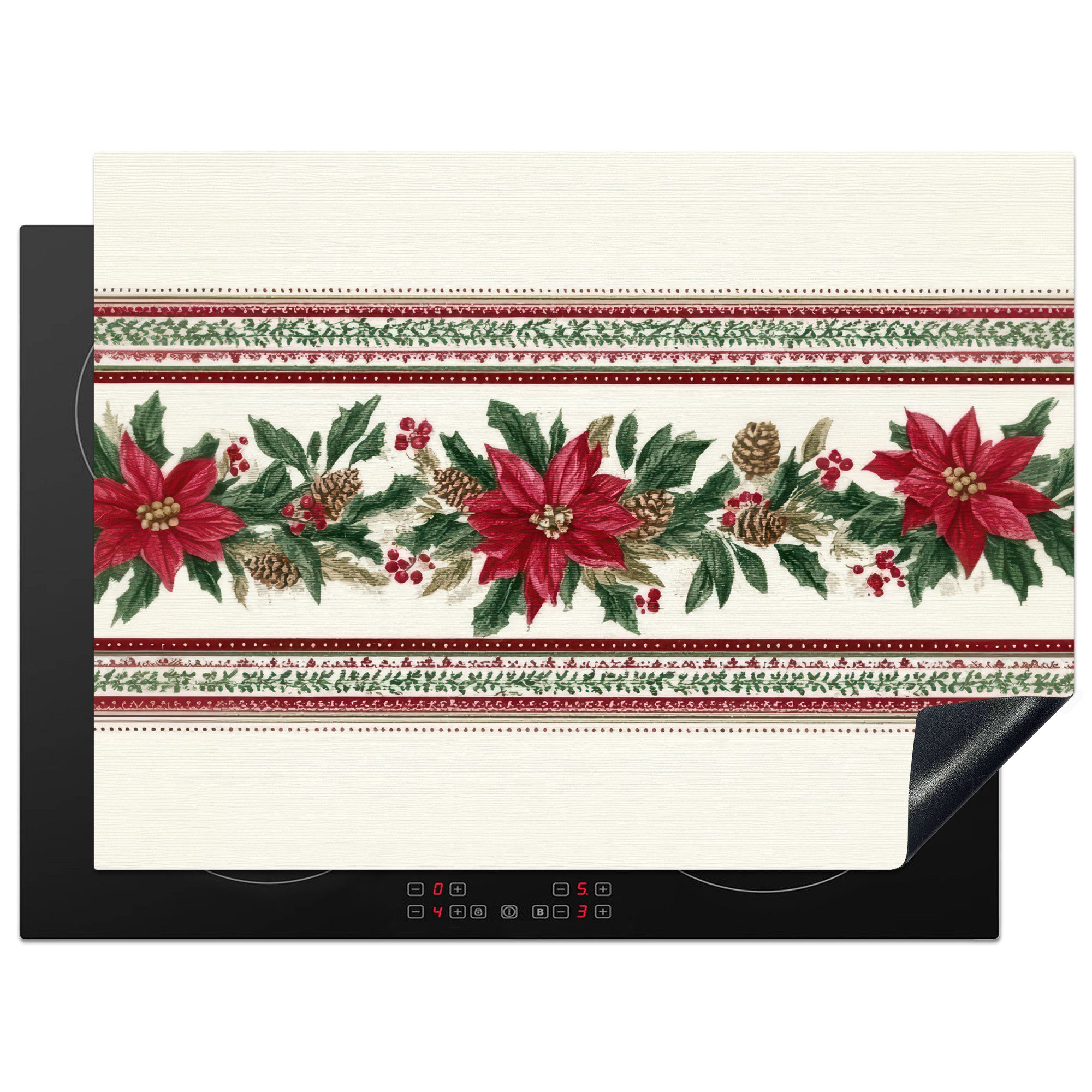 MuchoWow Herd-Abdeckplatte Weihnachtsstreifen - Weihnachtsstern - Rot - Grün, Vinyl, (1 tlg), Küche Herdabdeckung Ceranfeld Induktionsfeld Vinyl, 65x50 cm