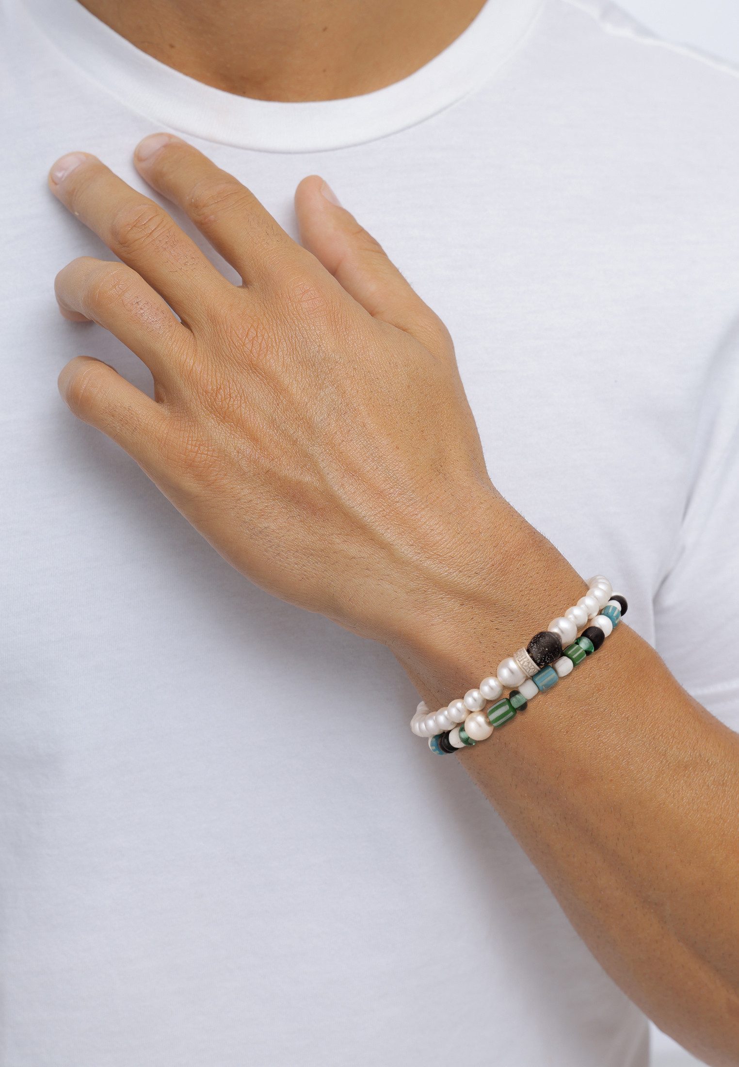 Kuzzoi Armband Set Set Glas Bead Muschelkern Perle Weiß 925 Sterling Silber