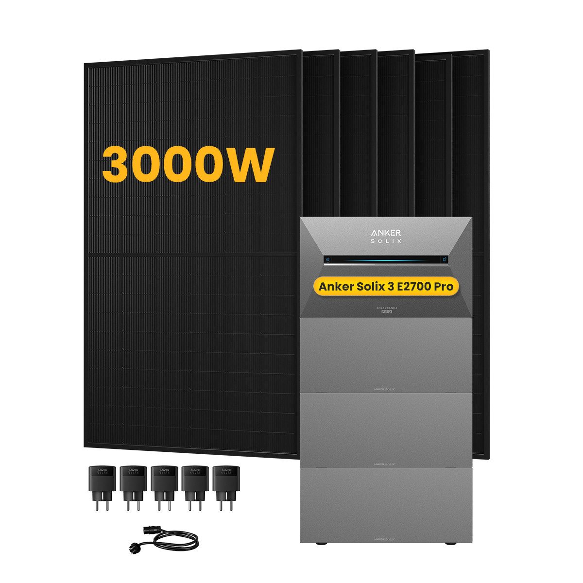 Anker Balkonkraftwerk 3000W Anker SOLIX Solarbank 3 E2700 Pro mit Zusatzsakku und Smart Plug, (5xSmart Plug und 6x 500Wp Solarmodule im Lieferumfang enthalten), Speicher mit integriertem Wechselrichter, All-in-One 2,668kWh Akku