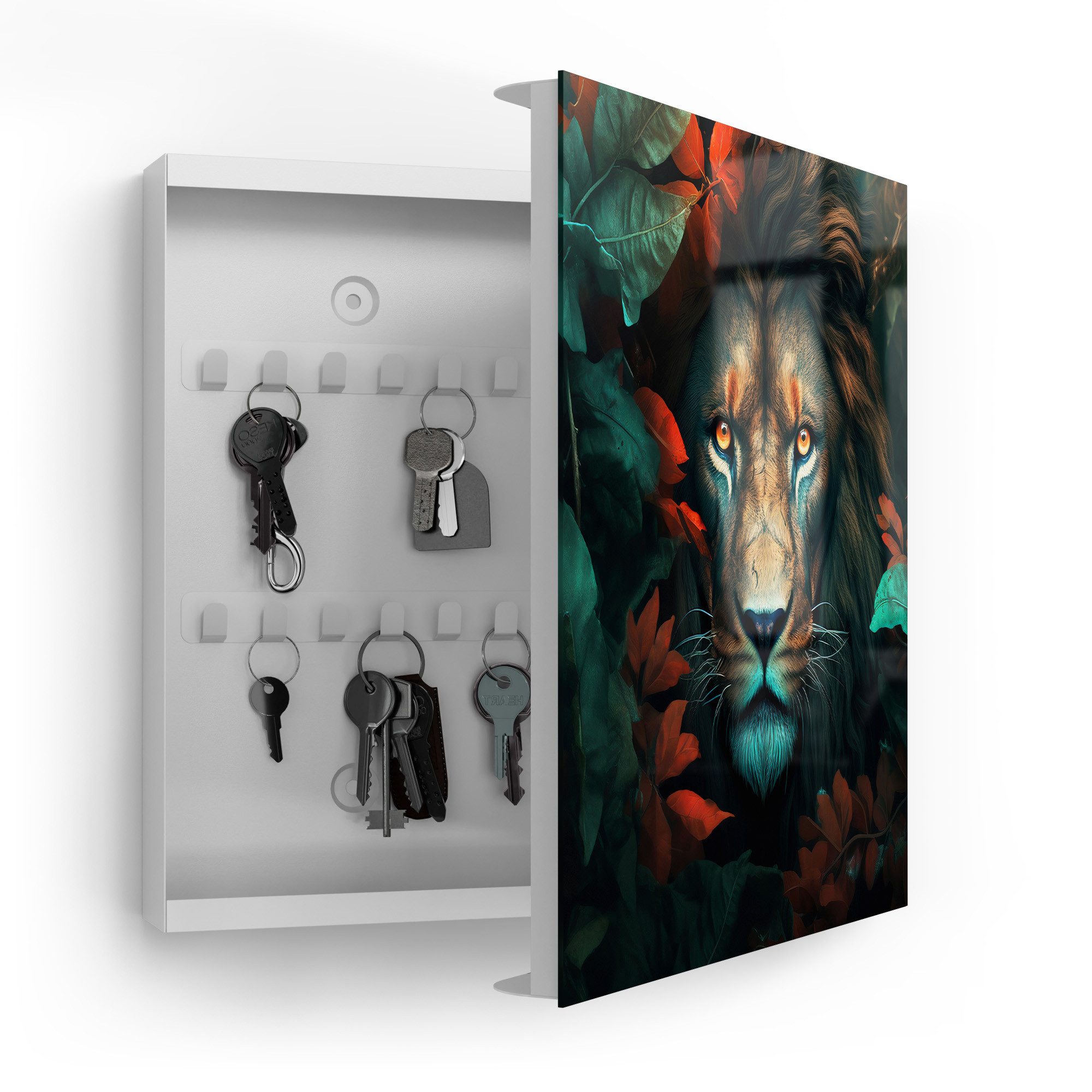 DEQORI Schlüsselkasten 'Herbstliches Löwenporträt', Glas Schlüsselbox modern magnetisch beschreibbar