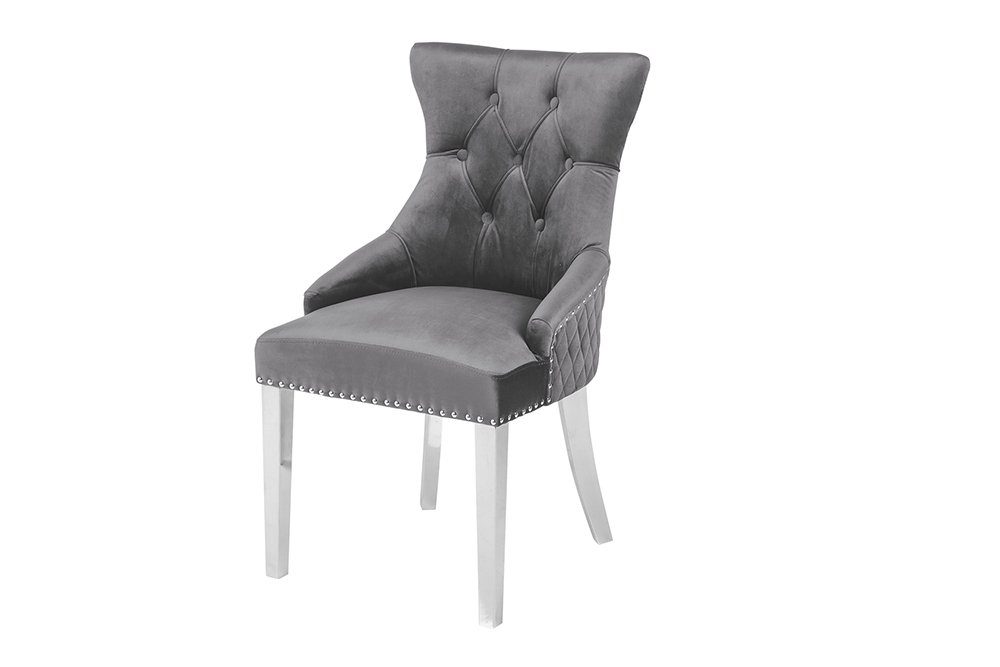 riess-ambiente Polsterstuhl CASTLE DELUXE grau/silber - Samt, Edelstahl, Löwenkopf-Griff (Einzelartikel, 1 St), glamouröser Stuhl mit Nieten - ideal für Deinen Barock-Look