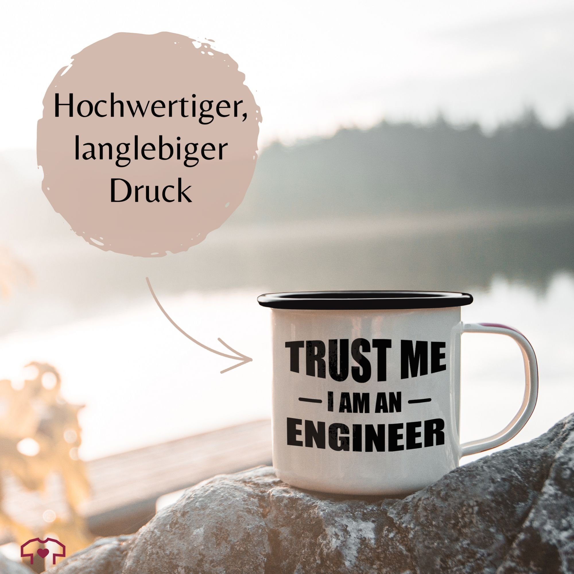 Emaille Tasse Emaille an me Stahlblech, - Engineer me Job trust i am Shirtracer schwarz Kaffeetasse Schwarz Blechtasse, Geschenk Tasse - Weiß i'm 2 Trust an engineer Tasse