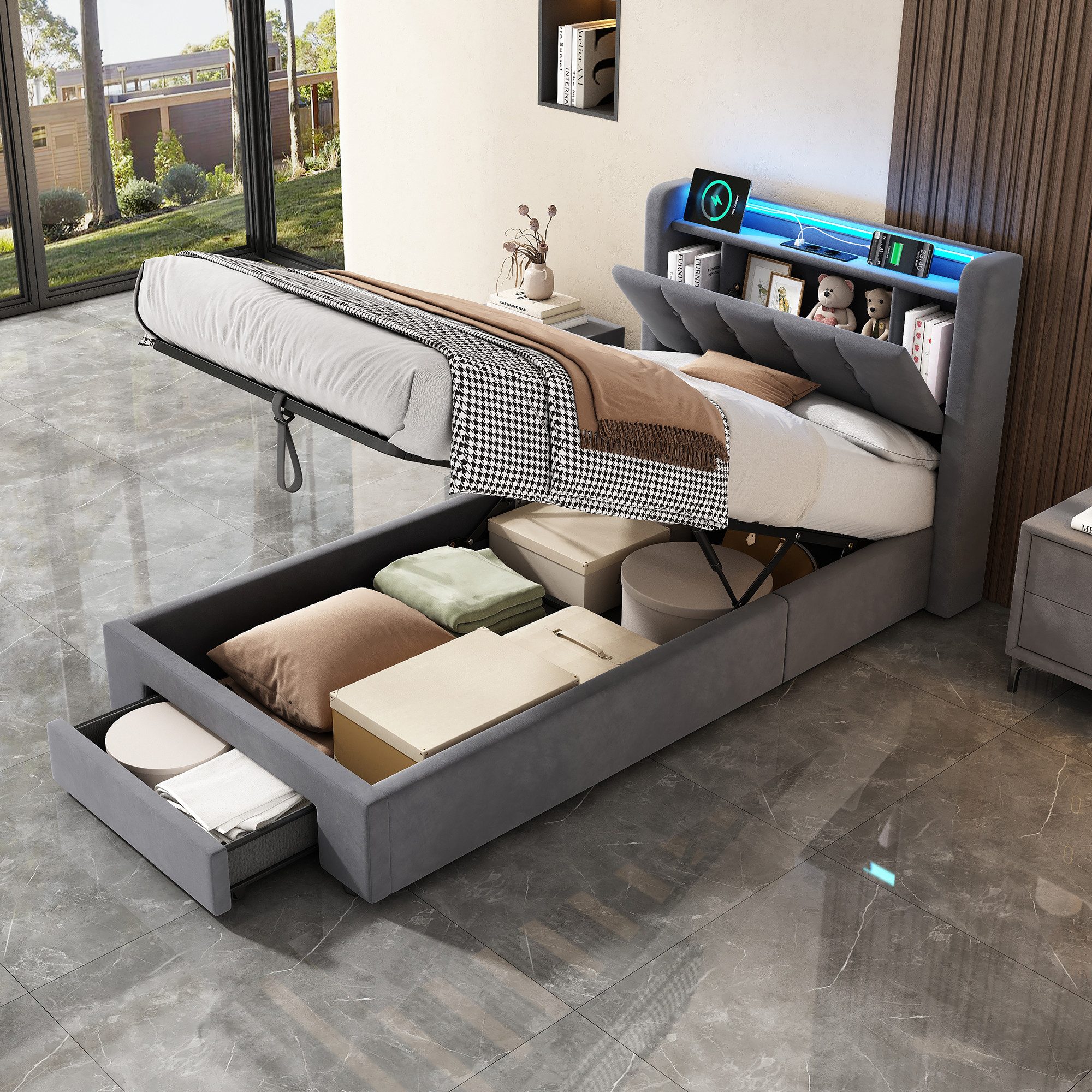STILVORA Polsterbett 90×200 mit bettkasten,Bettgestelle Boxspringbett mit USB & LED-Licht (Funktionsbett mit Fernbedienung, Gepolsterter Rand, Samtstoff, Metallrahmen, Kompfort, Grau), Jugendbett ohne matratze, Stauraumbett für verschiedene Raumstile