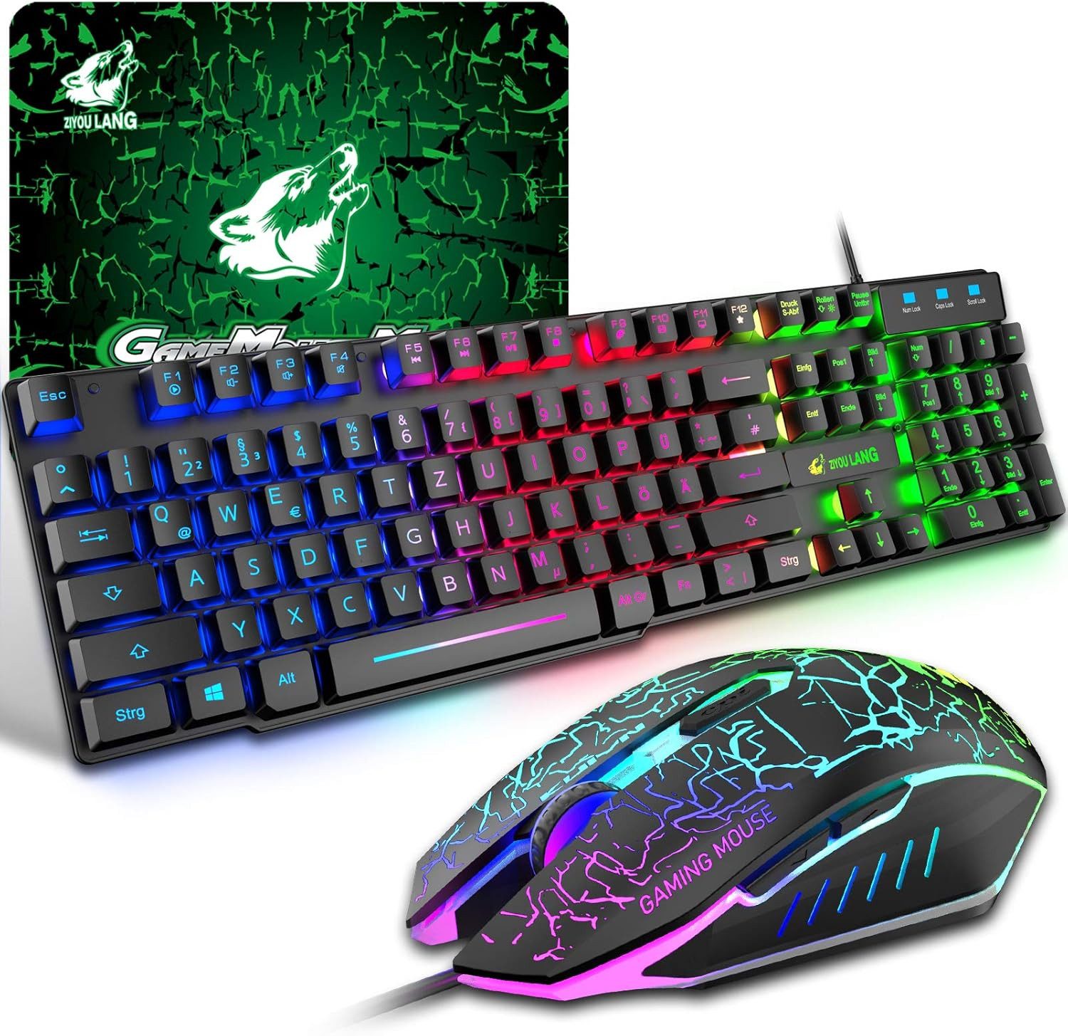 ZIYOU LANG Gaming Farbblock USB Verkabelt Tastatur- und Maus-Set, QWERTZ German Layout Regenbogen LED Hintergrundbeleuchtung