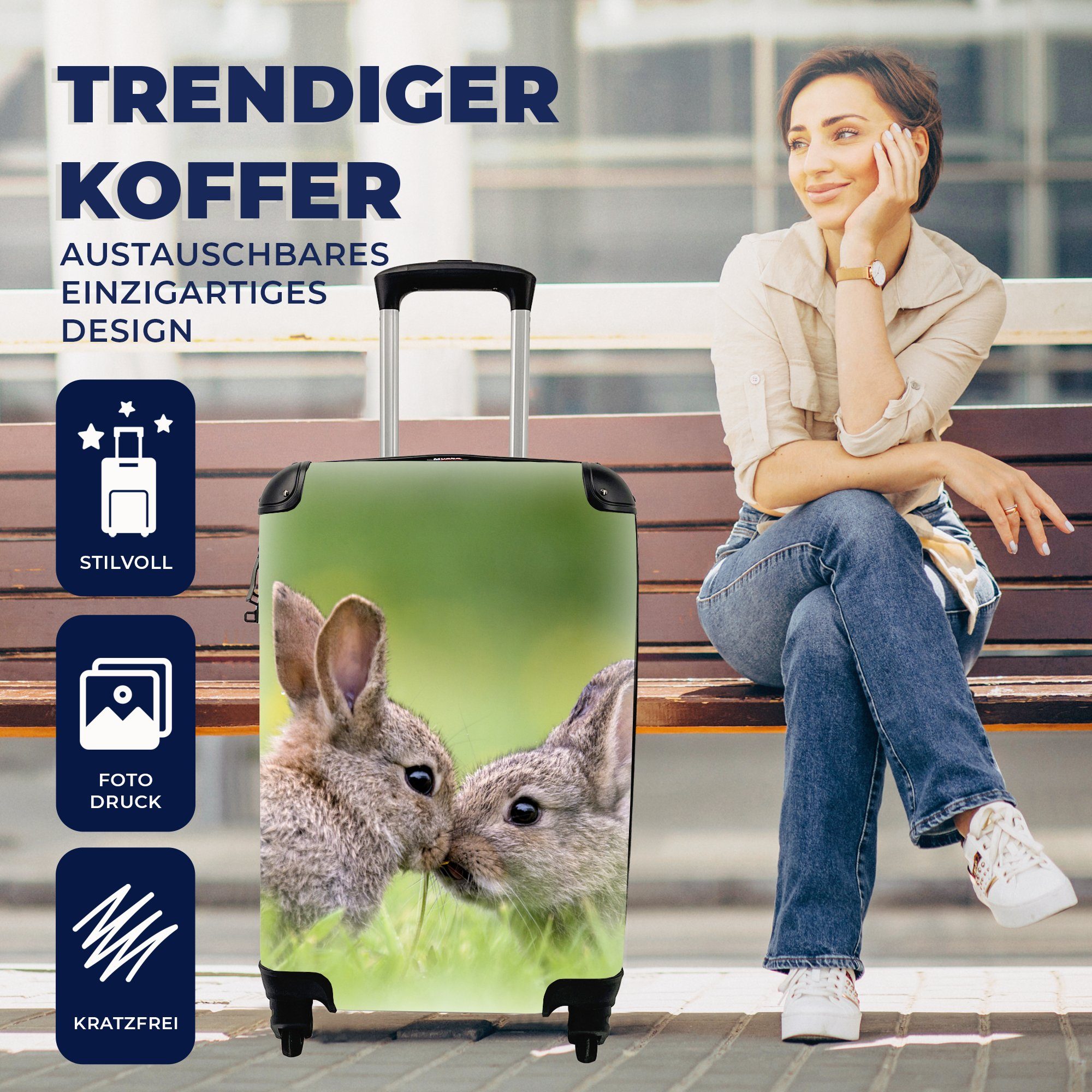 MuchoWow Handgepäckkoffer Kaninchen - Baby - Gras, 4 Rollen, Reisetasche mit rollen, Handgepäck für Ferien, Trolley, Reisekoffer