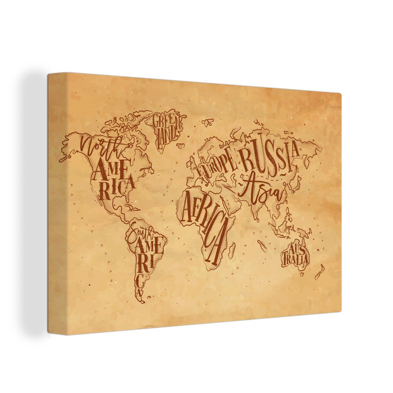 Weltkarte Retro (1 Braun, Leinwandbilder, Leinwandbild - cm 30x20 St), - Wandbild Wanddeko, OneMillionCanvasses® Aufhängefertig,