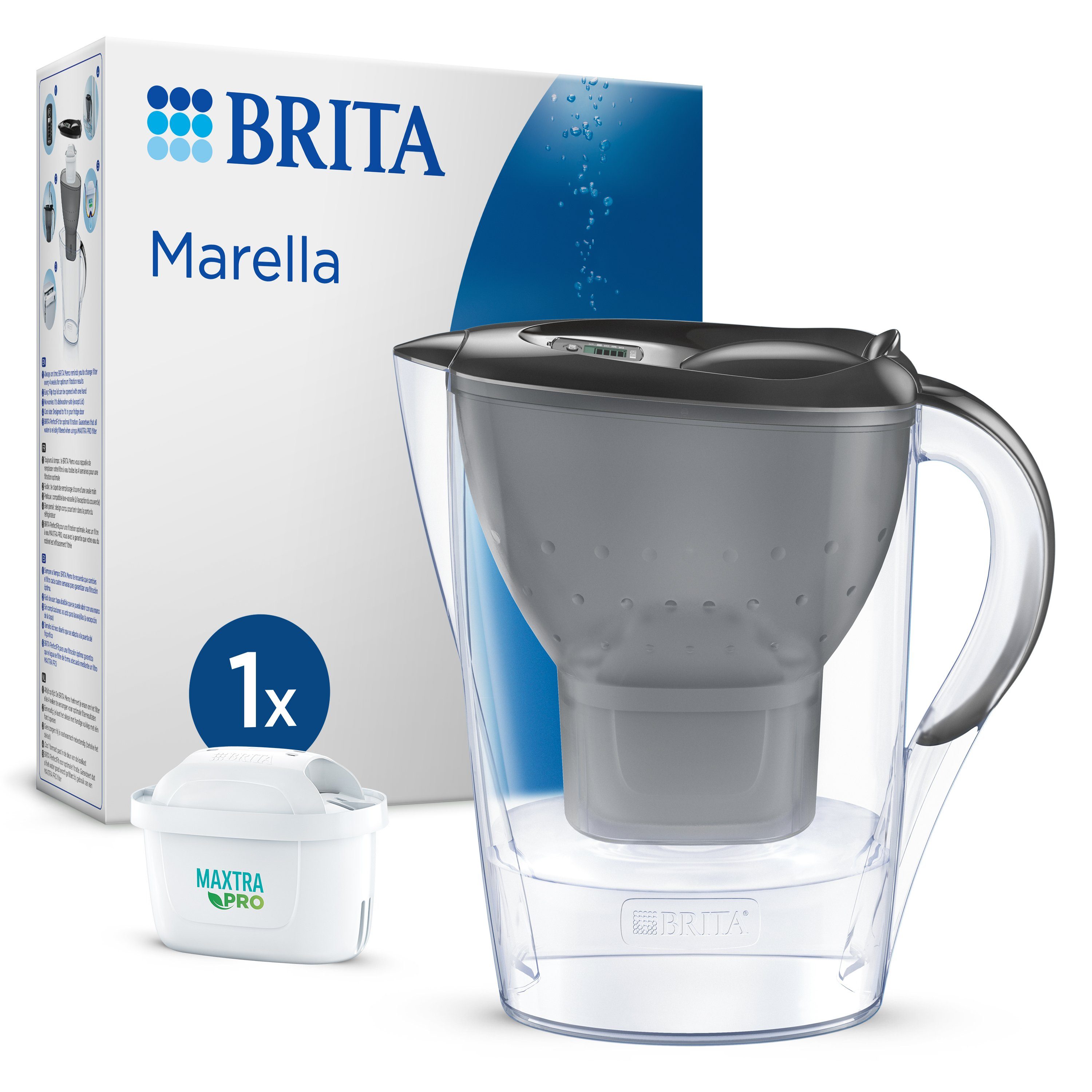 BRITA Wasserfilter Kanne MAXTRA Marella graphit inkl. 1x Pure Performance Kartusche, Passt in Kühlschrank, Filterwechselanzeige, reduziert PFAS, Kalk etc.