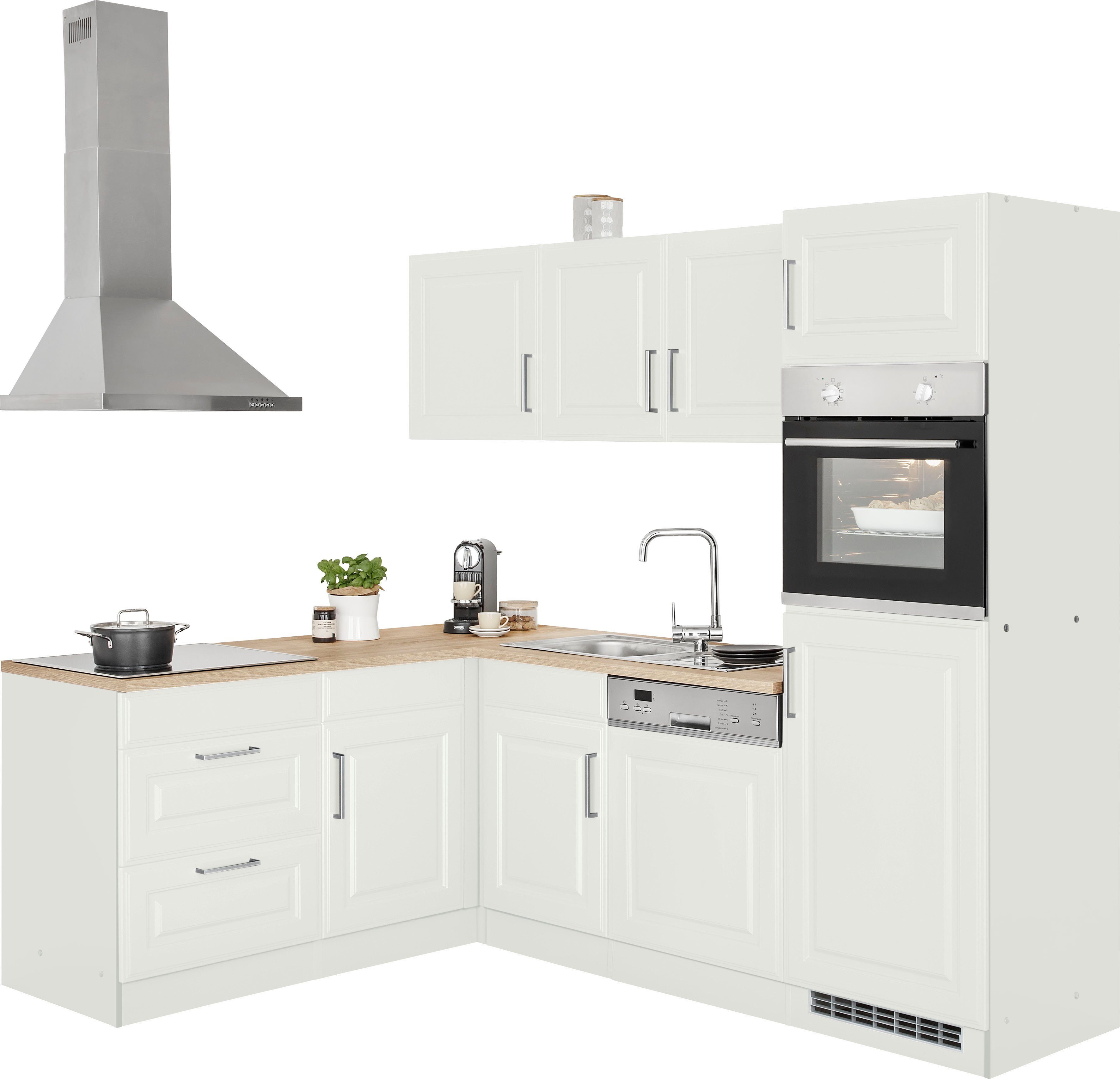 KOCHSTATION Winkelküche KS-Stockholm – Küche mit hochwertiger und detailreicher Landhausfront, Stellbreite 230x170 cm, wahlweise mit E-Geräten, MDF-Fronten