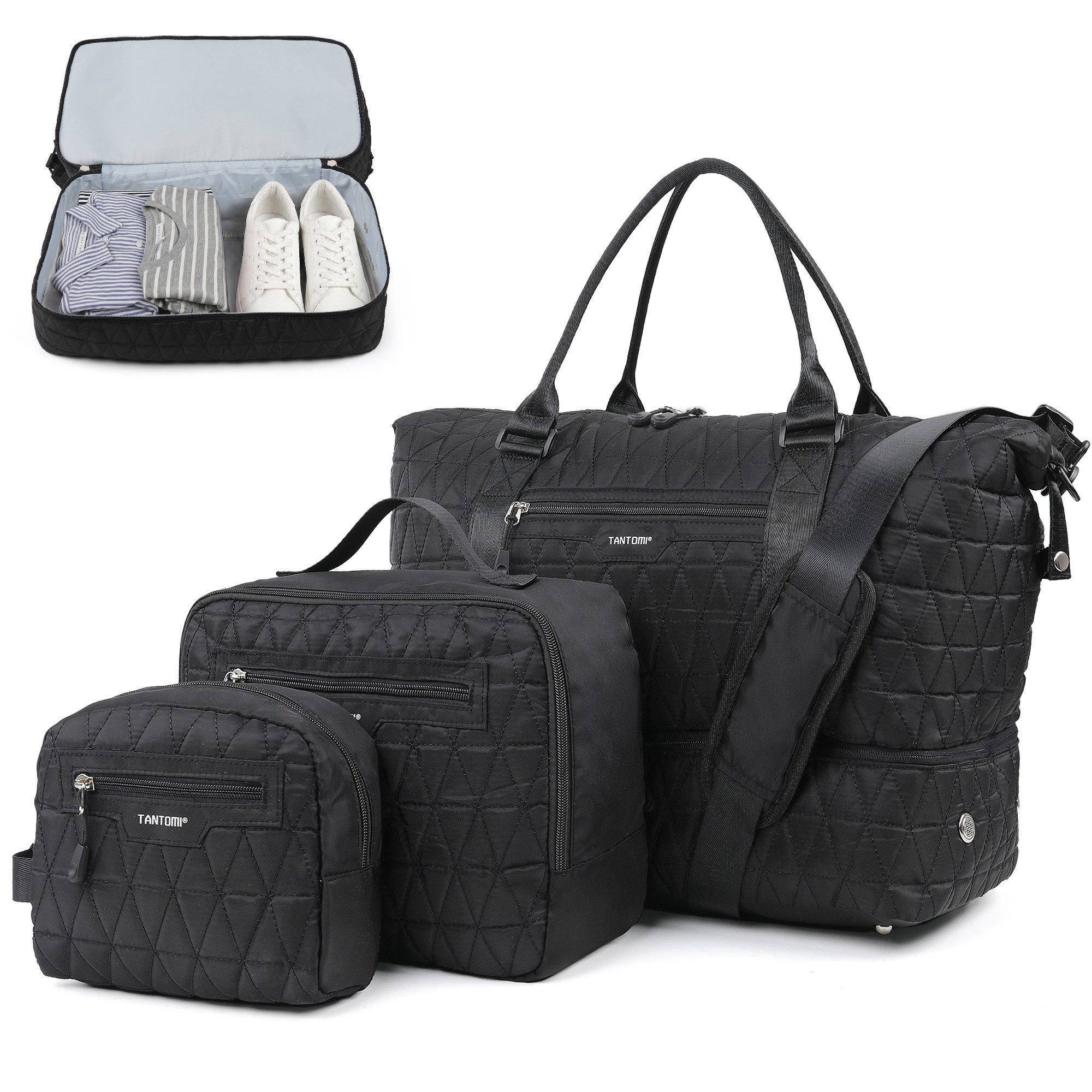 TANTOMI Reisetasche 3-Tlg Set Reisetasche Groß, Weekender Handgepäck Tasche (Erweiterbares Weekender Bag mit Nassfach), Leichte Travel Bag mit Schuhfach Kulturbeutel