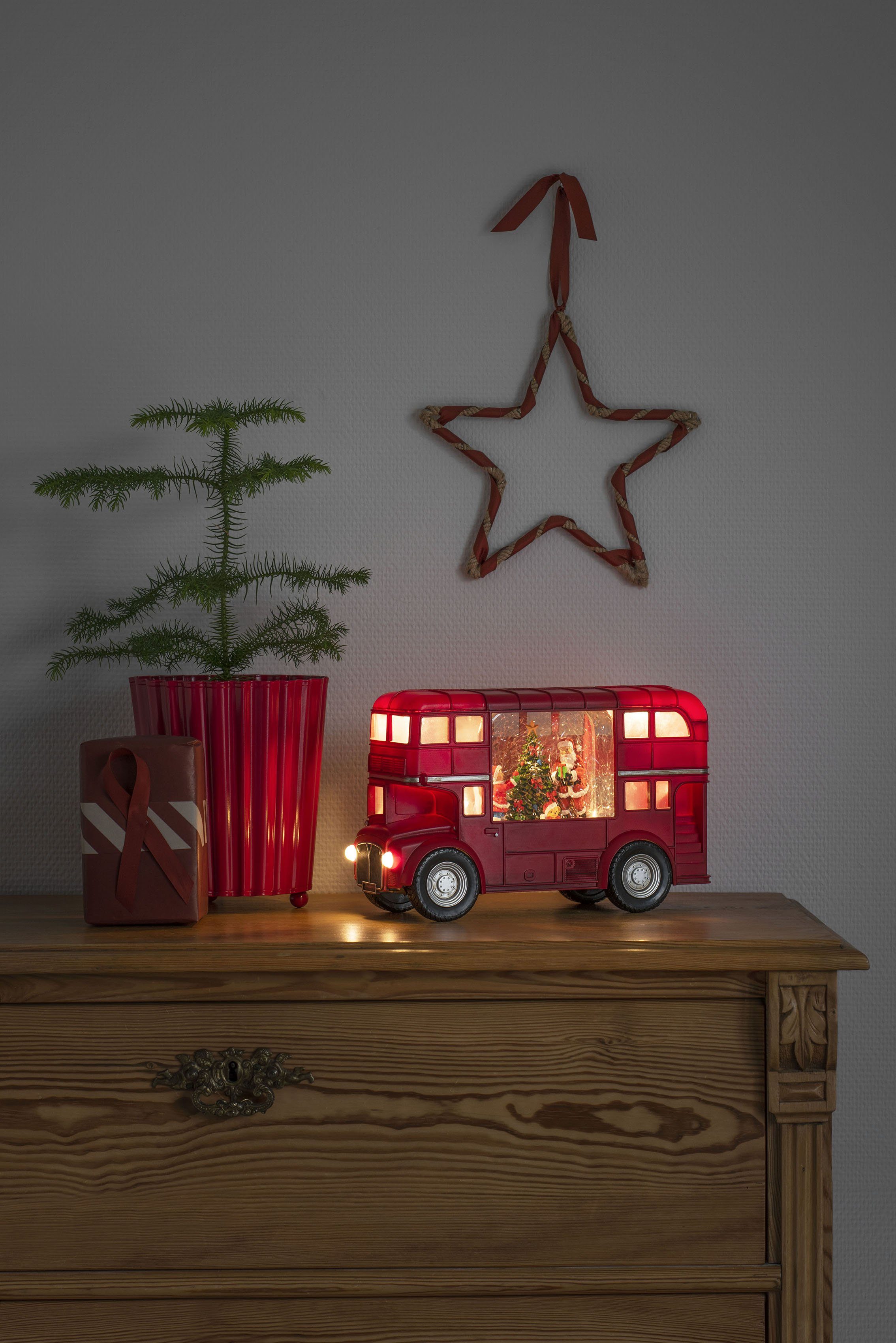 KONSTSMIDE LED Laterne Weihnachtsdeko rot, LED fest integriert, Warmweiß, LED Wasserlaterne, rot, "Bus mit Weihnachtsmann"