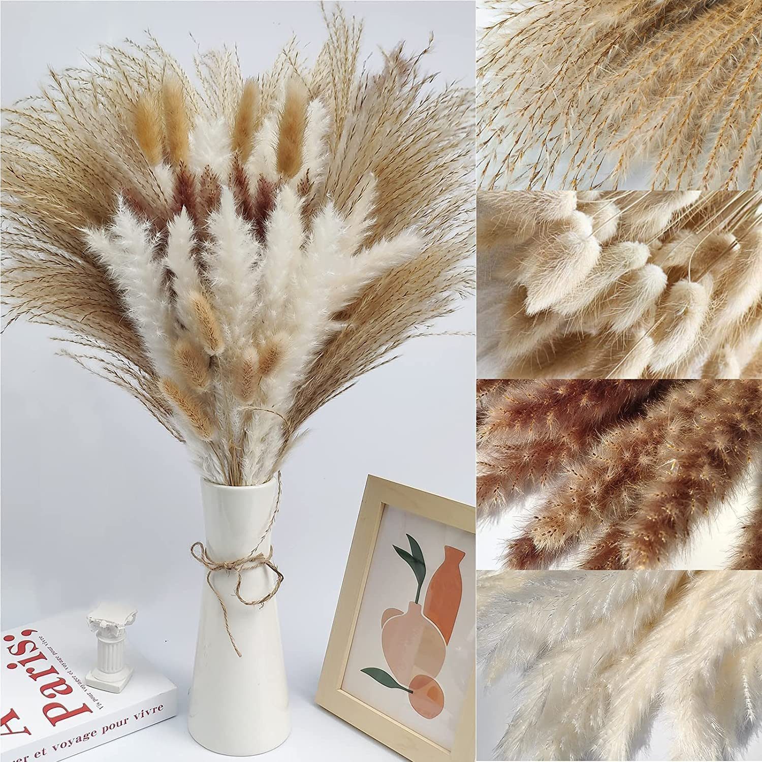 Trockenblume Pampasgras Trockenblumen Deko,75 Stück Pampasgras Getrocknet Braun,Weiß Pampasgras Flauschige Wedel, Lagurus und Schilfgräser, Fyrove, Trockenblumen Strauß für Hochzeit Wohnzimmer Vasen Boho Dekor