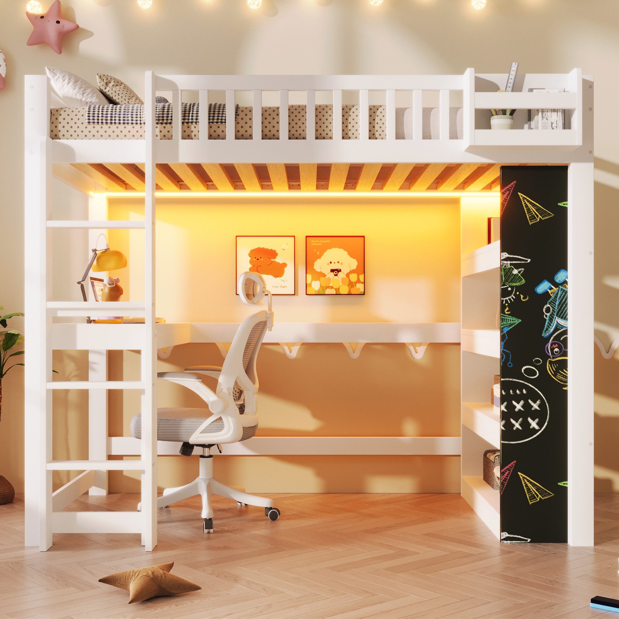 Flieks Hochbett Kinderbett 90×200cm mit Kreidetafel Schreibtisch Regal LED-Beleuchtung