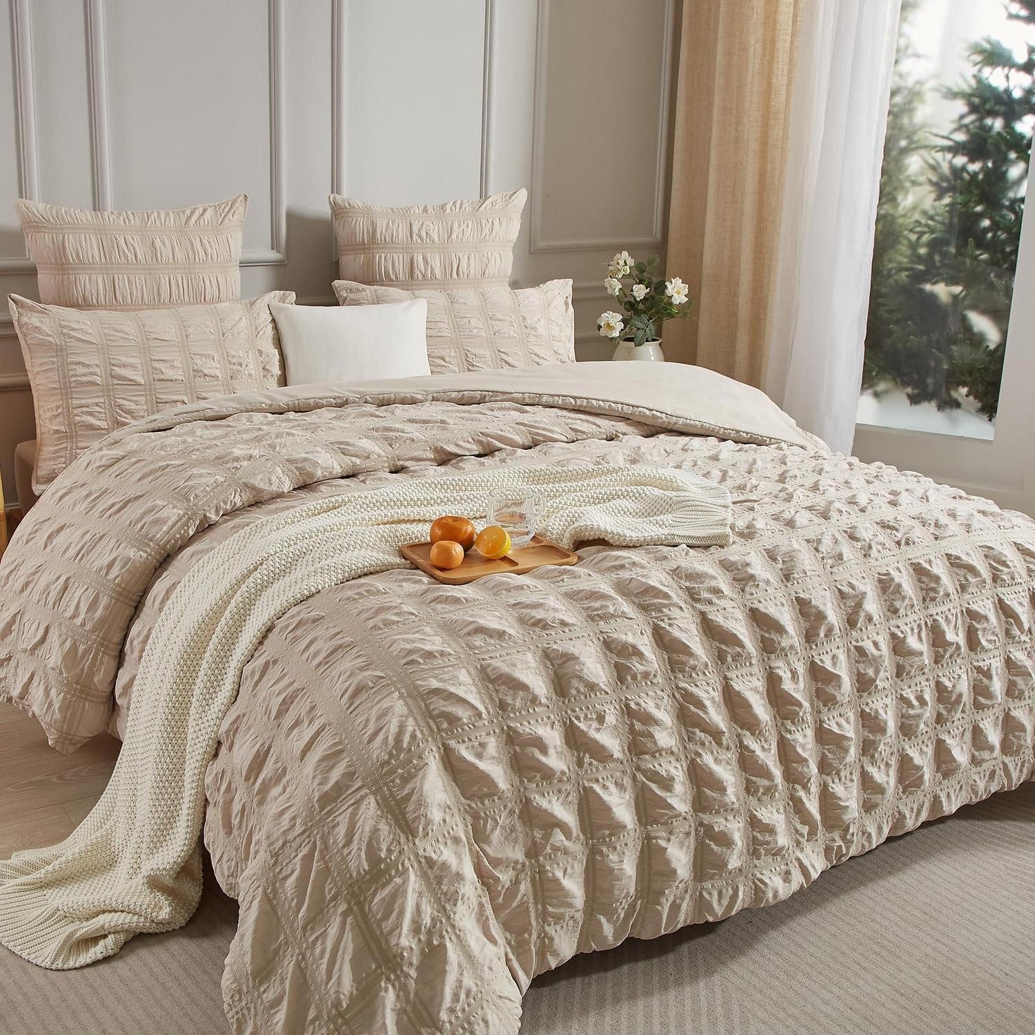 LuxusKollektion Bettwäsche Bettwäsche Seersucker kariert beige 220x240