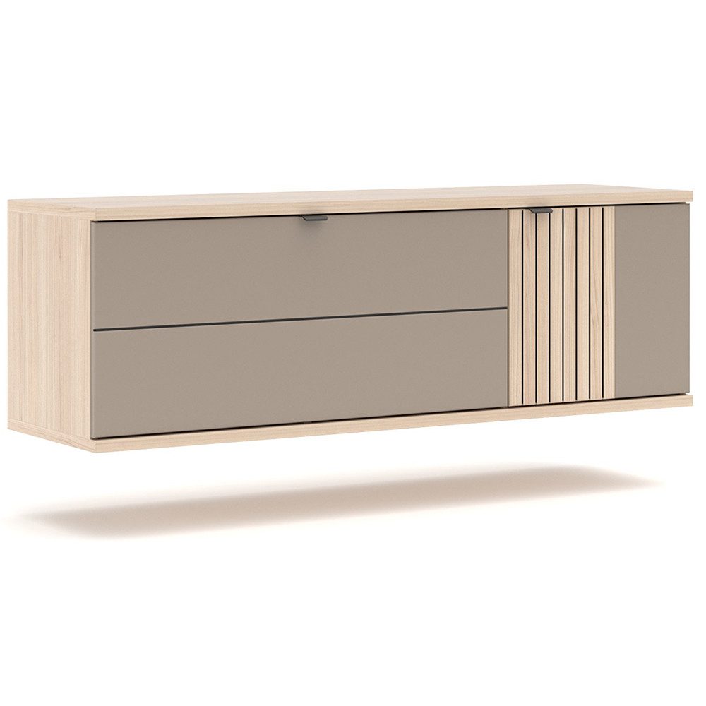 Lomadox Garderoben-Set PALADE-36, (Spar-Set, 4-St., Garderobenschrank Spiegel Hakenpaneel Schuhschrank), in Eiche mit grau, Rillenoptik, LED-Beleuchtung