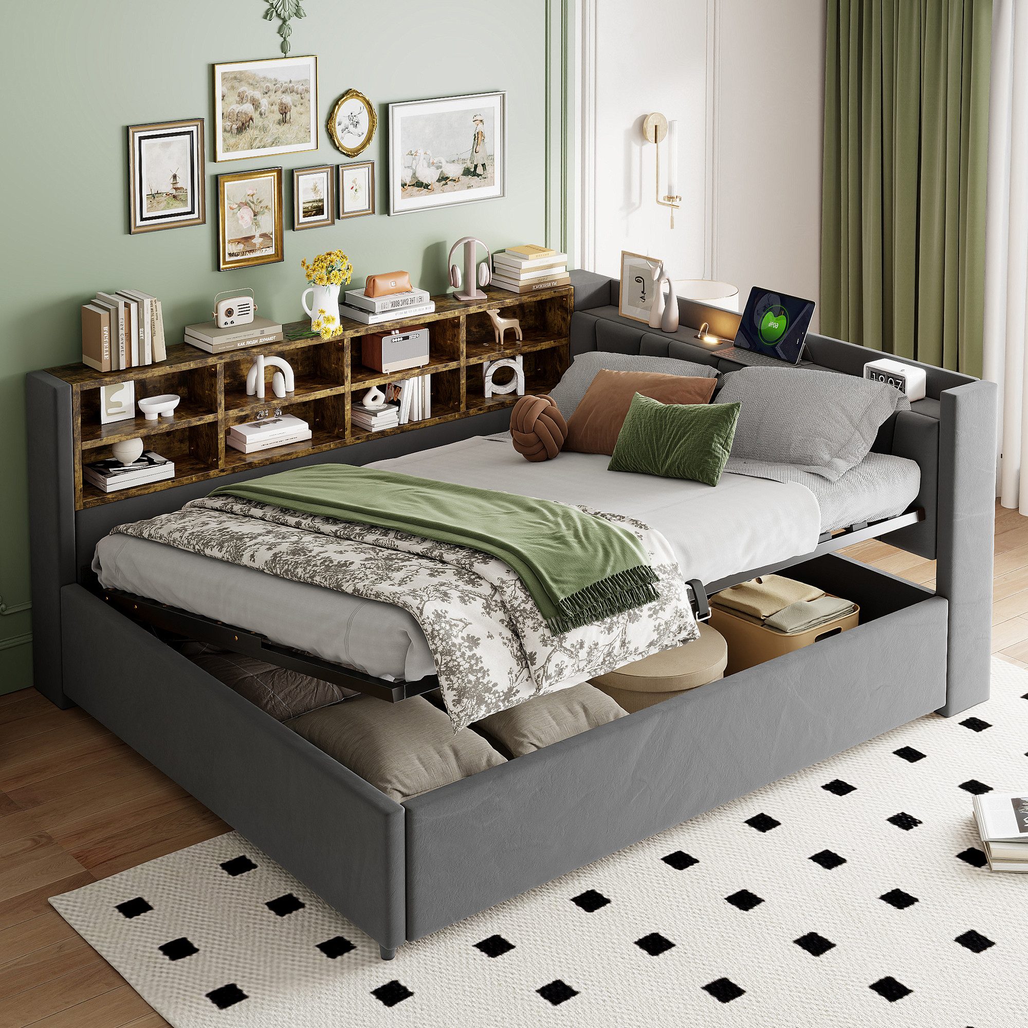 MODFU Schlafsofa Mit Hydraulischem Stauraum, Nachtlicht, USB & Typ-C Ladeanschlüssen, Samt,Polsterbett mit Ablagen und Staufächern, Multifunktionales Kinderbett 140x200 cm, Inklusive Matratze