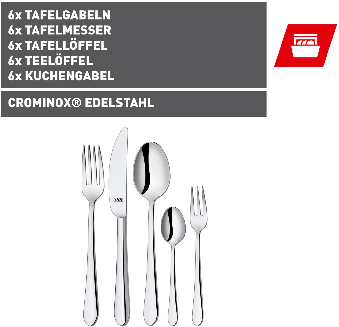 Silit Besteck-Set Midi (30-tlg), 6 Personen, Edelstahl 18/10, Solide Monobloc Tafelmesser, poliert