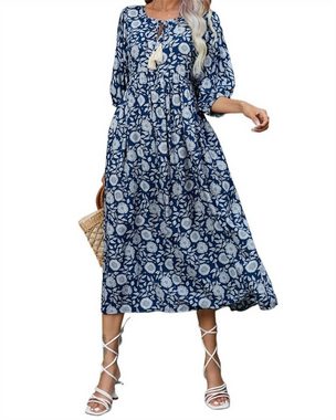 B.X Druckkleid Damen-Strandkleid,Bohemian-Sexy-Kleid mit Print,V-Ausschnitt langes-A-Linien-Kleid,lässiges Sommerkleid,Resort-Print,Mittelarm