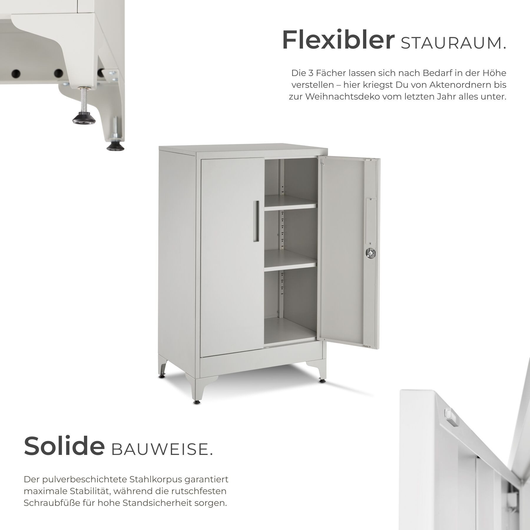 tectake Aktenschrank Dokumentenschrank aus Stahl, Kippschutz, abschließbar, 60 x 40 x (Büroschrank Blake, 2-St., in grau) 2 verstellbare Zwischenböden, mit Magnetverschluss, höhenverstellbar
