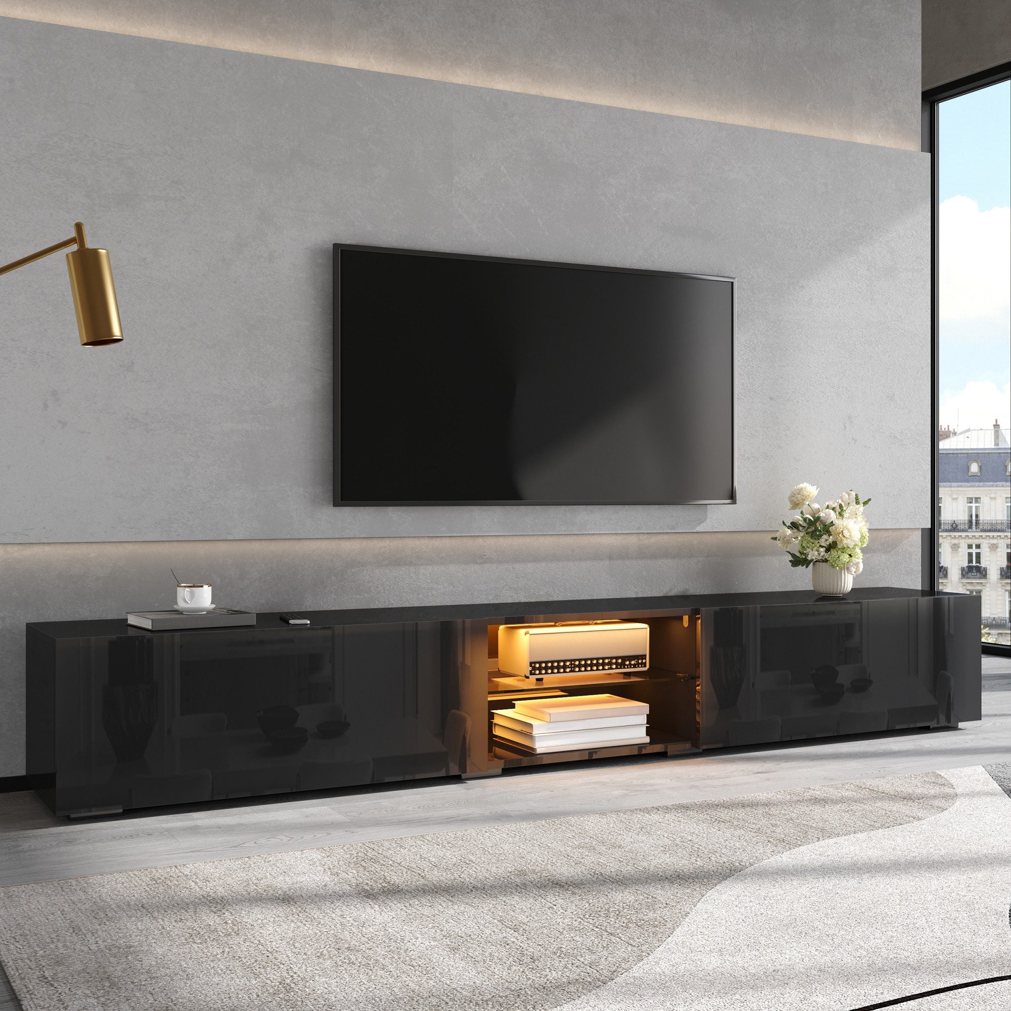 Merax Lowboard mit LED-Beleuchtung per APP, TV-Schrank (200 x 30 x 30 cm (L x B x H), 1 St), mit Hochglanz-Türen, transparentem Einlegeboden & offenem Gerätefach