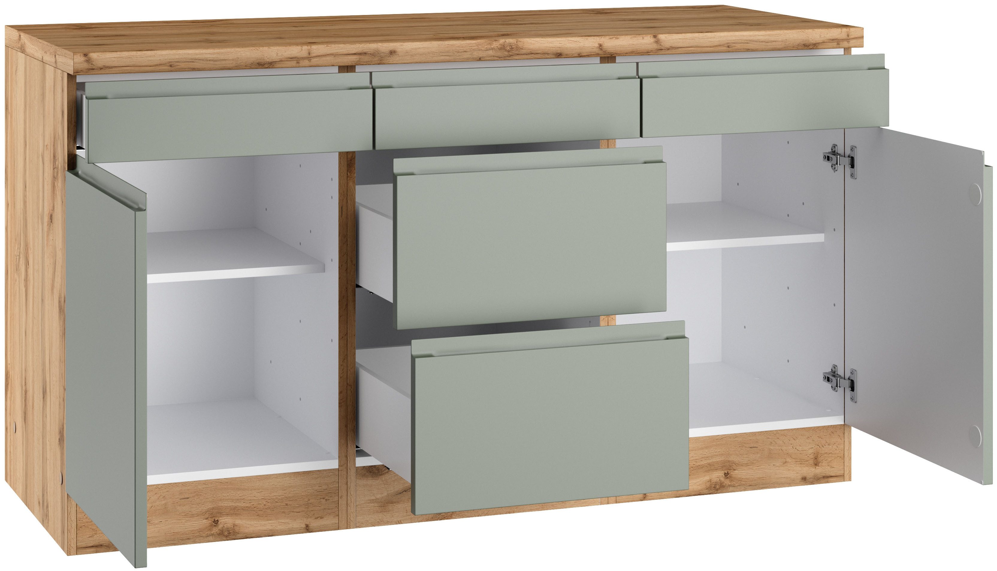 KOCHSTATION Unterschrank KS-Virginia,neu in verbesserter Ausführung Breite 150 cm, 2 Türen, 3 Schubkästen, 2 Auszüge