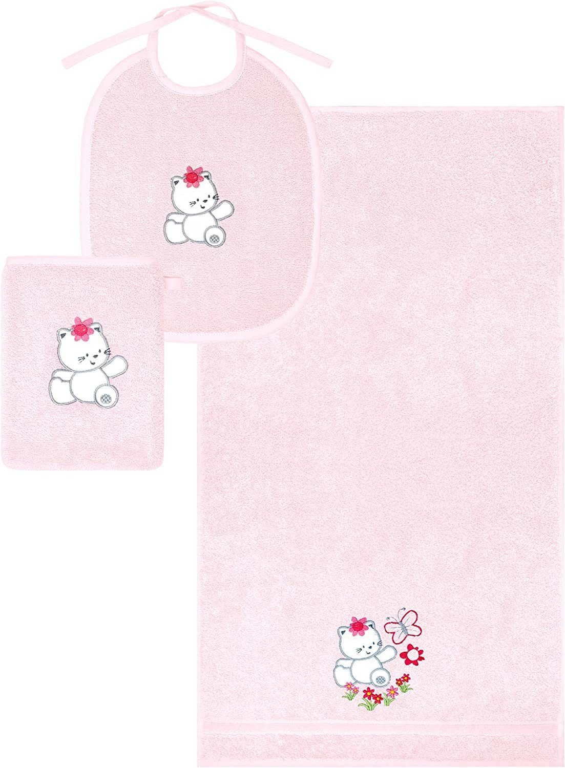 Lashuma Neugeborenen-Geschenkset (Set, 3-tlg) Besticktes Handtücher Set rosa für Mädchen Katze