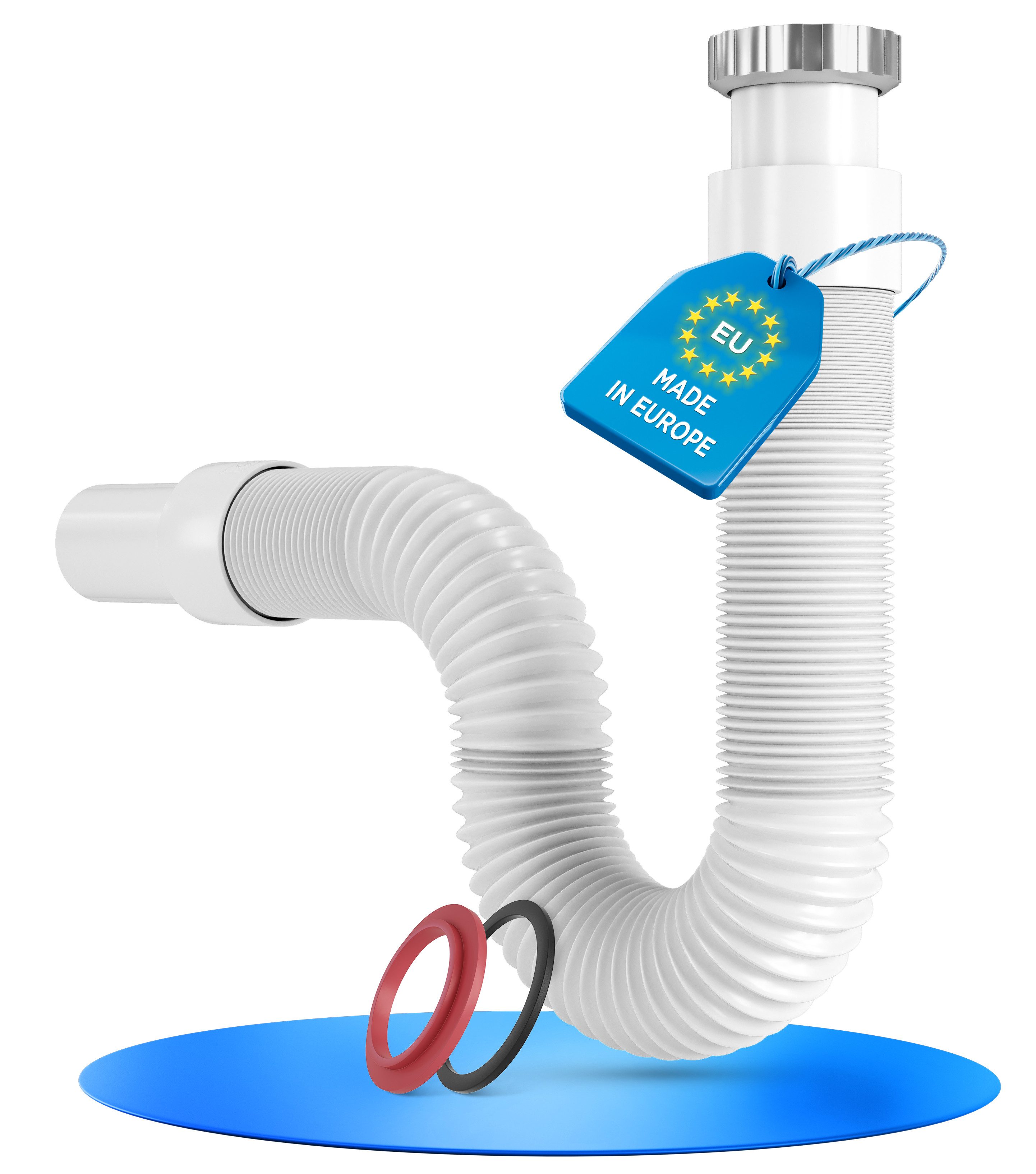 Lobenswerk Siphon SuperFlex Ablaufgarnitur, Geruchsverschluss, ausziehbar 320-890mm, mit Aluminium Mutter, flexibler Ablaufschlauch