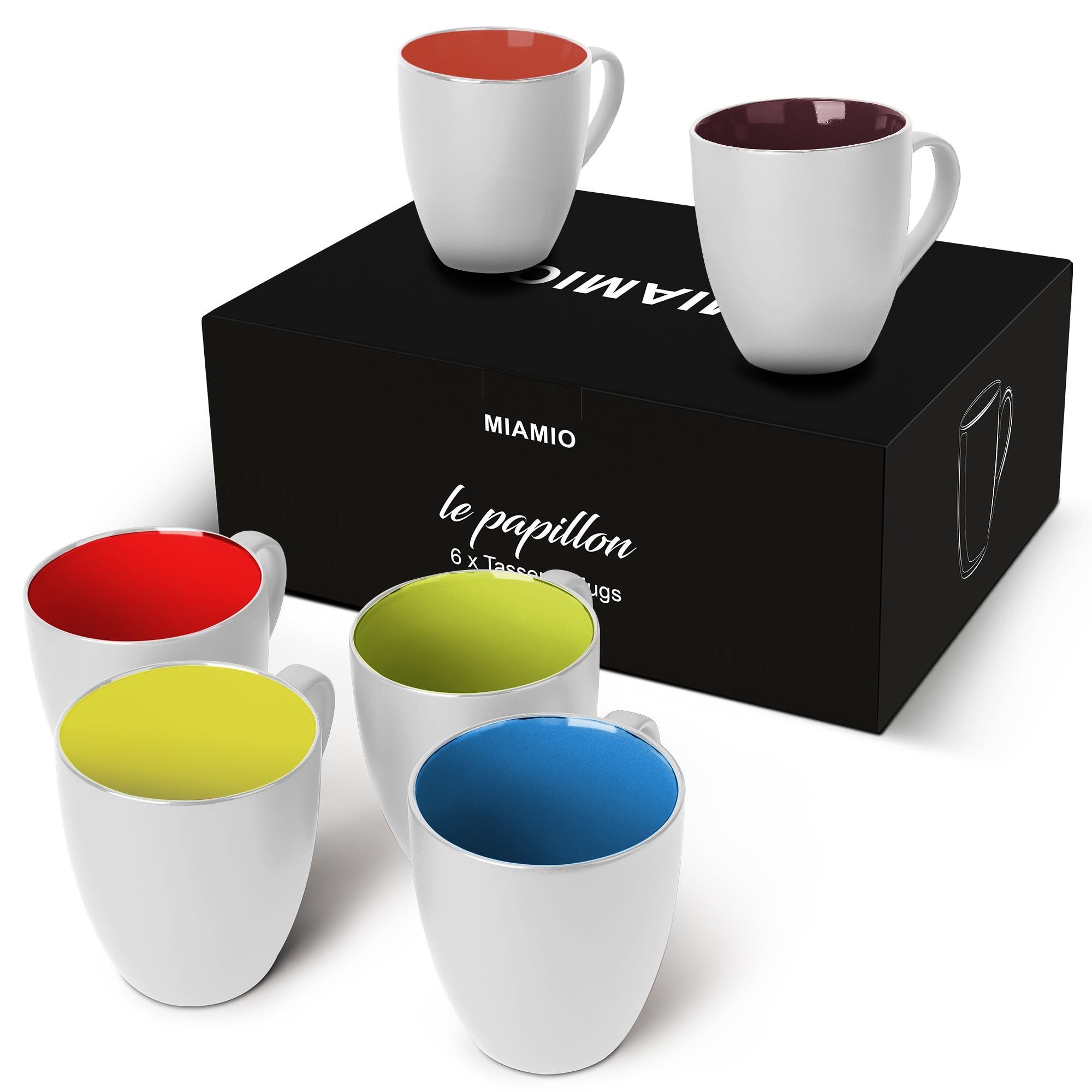 MiaMio Tasse Kaffeetassen Set Le Papillon Kollektion (Außen Weiß) bunt