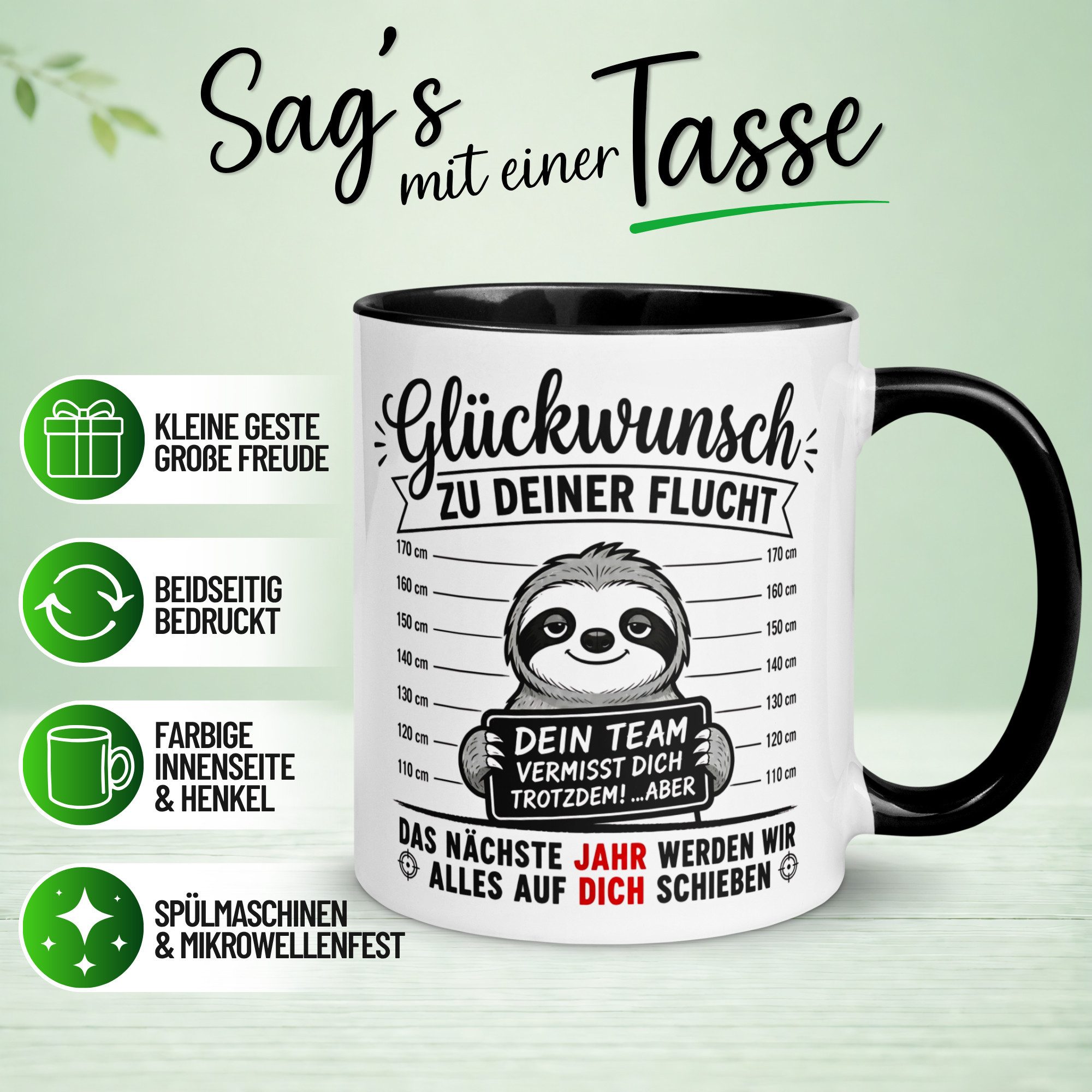 Momentals Tasse Abschied – „Glückwunsch zu deiner Flucht“ – Abschiedsgeschenk Kollegen, Gratis Versand · Links-&Rechtshänder · Spülmaschinenfest