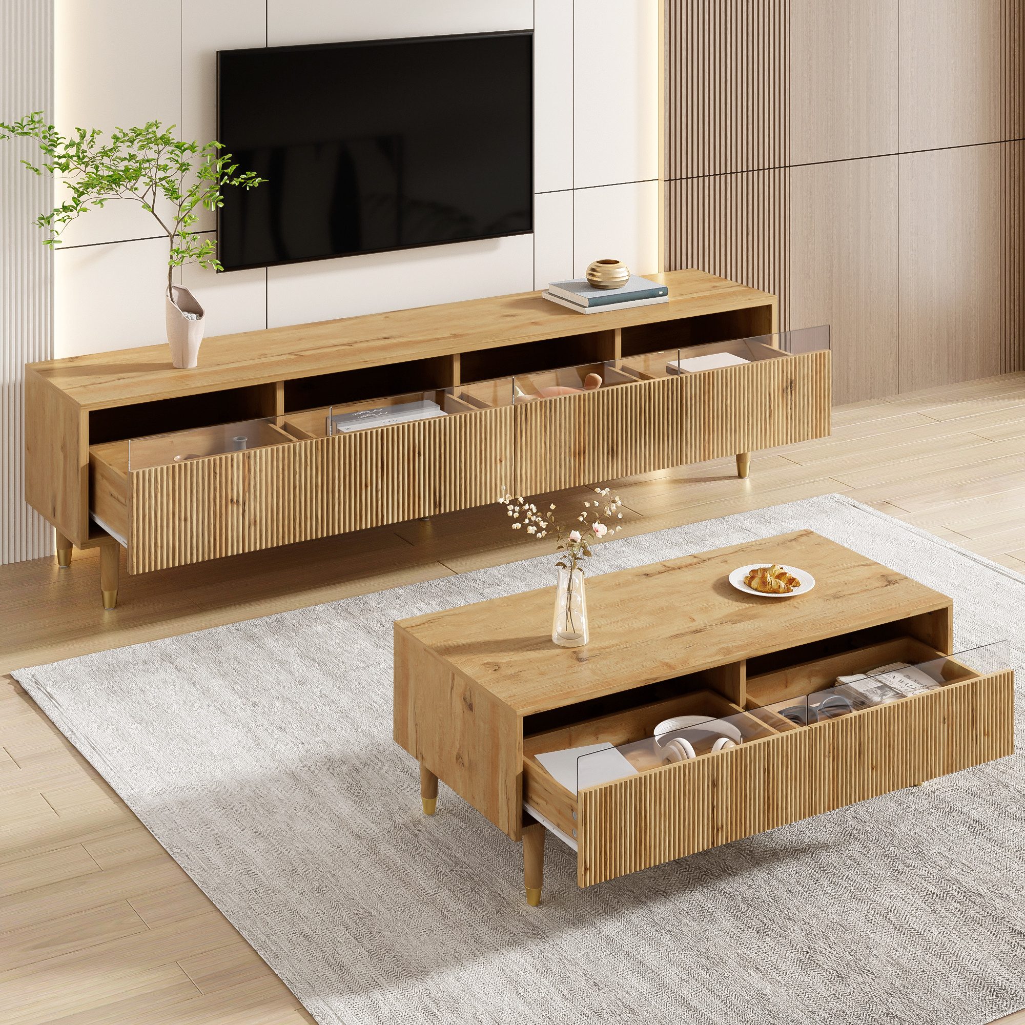 OKWISH Wohnzimmer-Set LED-Möbelset, (TV-Schrank+Wohnzimmertisch, 2-St., Couchtisch 110x50x40cm + TV-Ständer 178x35x45cm), Wellenstruktur und Acrylfronten, Gold-Design