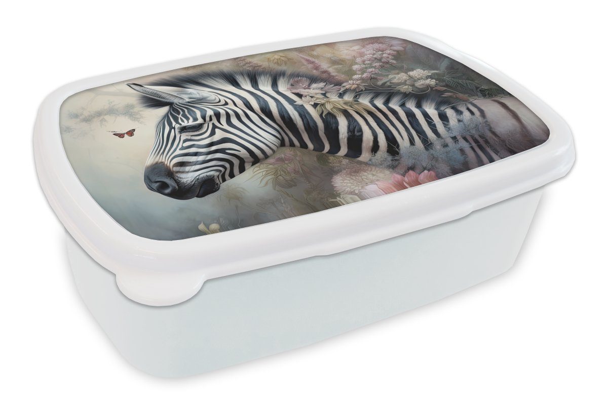 MuchoWow Lunchbox Zebra - Wilde Tiere - Schmetterling - Blumen, Kunststoff, (2-tlg), Brotbox für Kinder und Erwachsene, Brotdose, für Jungs und Mädchen weiß