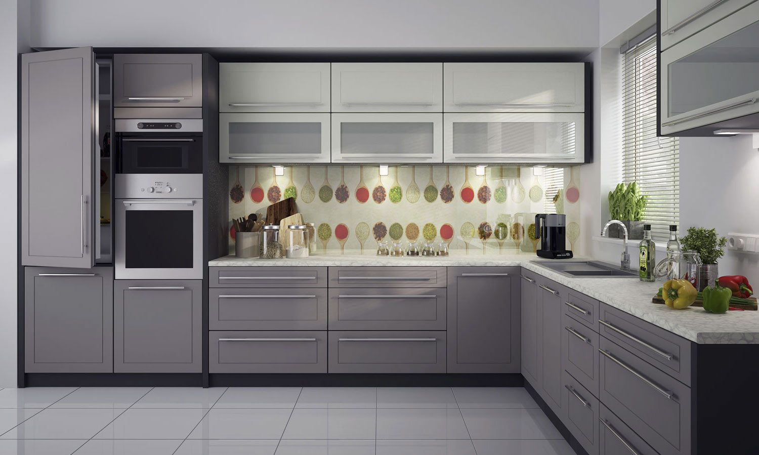 Feldmann-Wohnen Winkelküche Kvantum, (Kvantum), 385cm lava matt/ vanille + beige matt 14-teilig