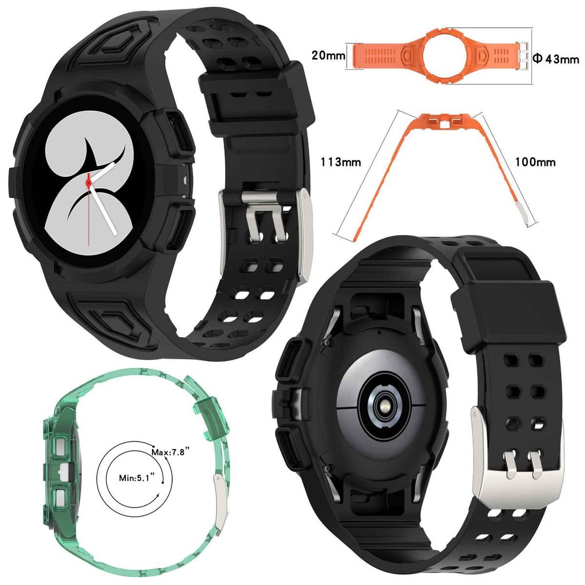 mit Wigento Watch Smartwatch-Armband Samsung 4 44mm Ersatz Armband Gehäuse-Schutz / Band Galaxy Silikon Schwarz Kunststoff Uhr Für Watch Arm